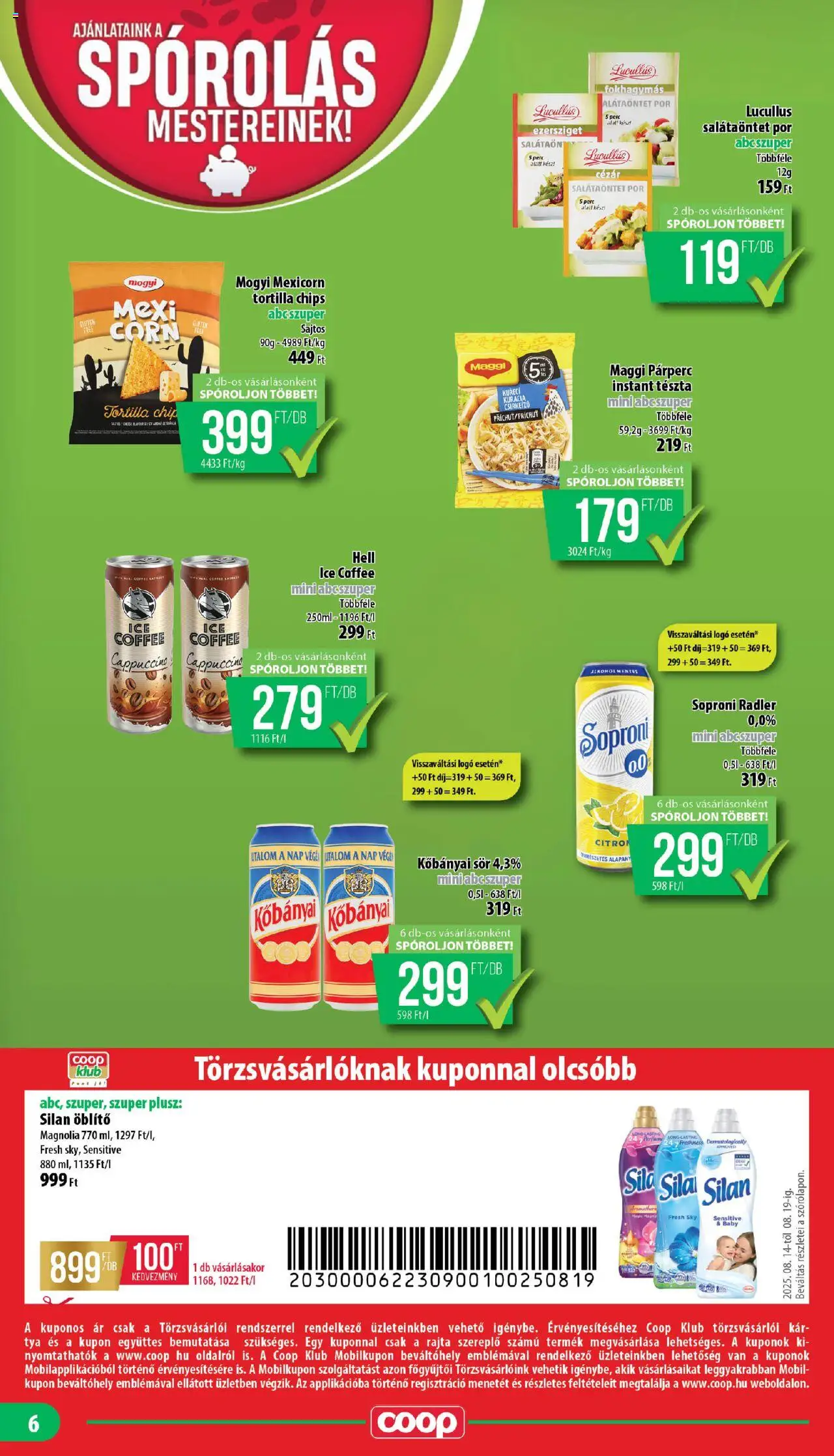 COOP akciós ujság - amely érvényes a következő dátumtól: 14.08.2025 | Oldal: 6 | Termékek: Chips, Kisela pavlaka, Radler, Tészta