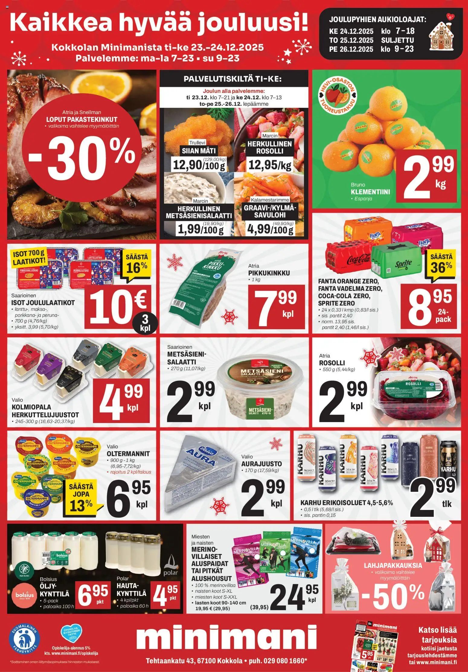 Minimani Tarjoukset - Kokkola – voimassa 23.12.2025 alkaen | Sivu: 1 | Tuotteet: Savulohi, Klementiini, Paita, Fanta