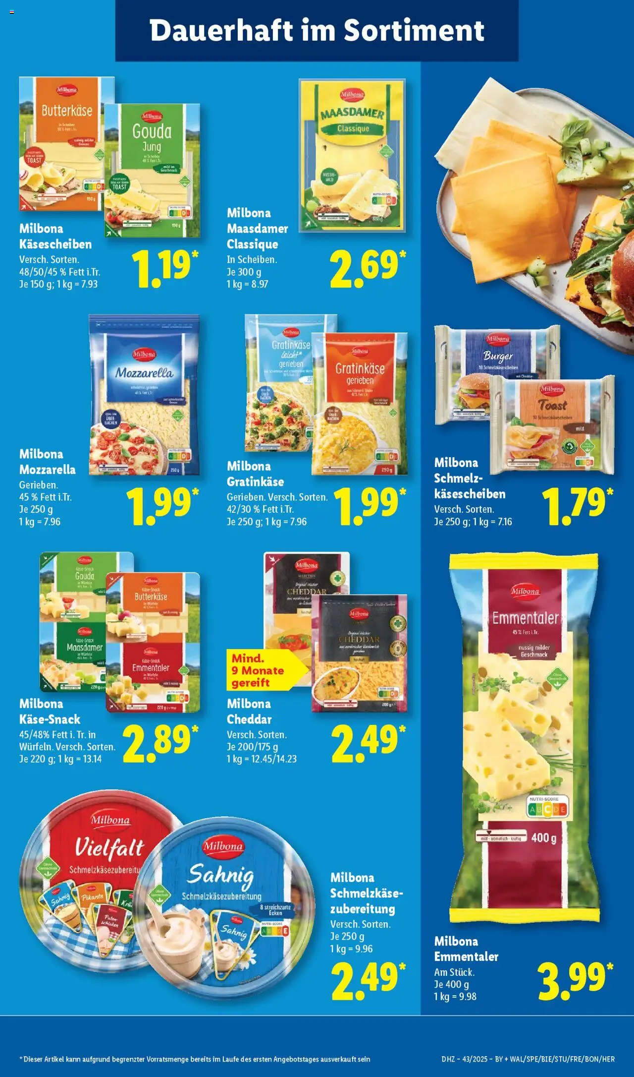 Lidl Prospekt Uffenheim – gültig ab 20.10.2025 | Seite: 13 | Produkte: Mozzarella, Gouda, Burger, Schinken