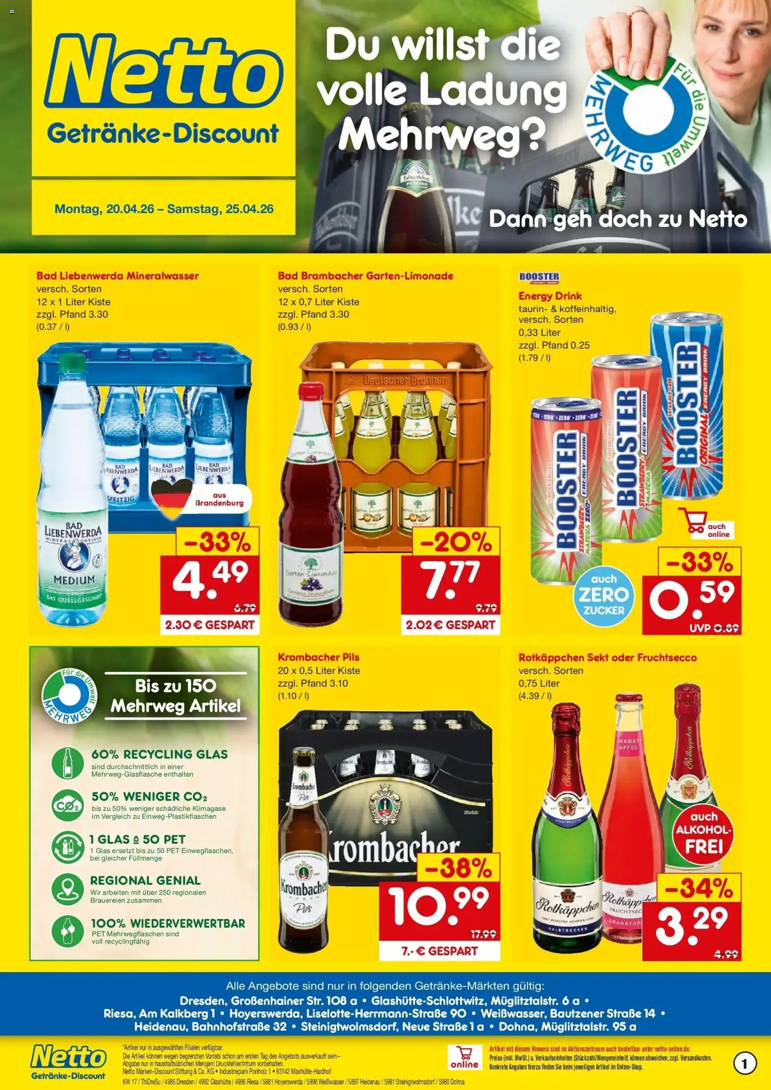Netto Marken-Discount Prospekt Weißwasser	 – gültig ab 20.04.2026 | Seite: 1 | Produkte: Energy, Sekt, Äpfel, Krombacher