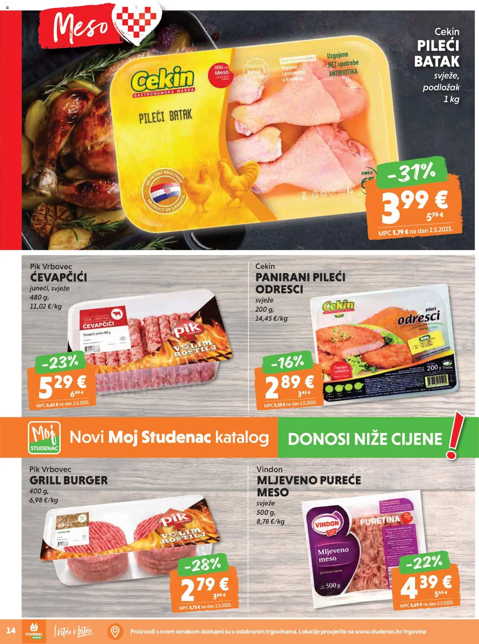 Studenac katalog | vrijedi od 08.04.2026 | Stranica: 14 | Proizvodi: Meso, Mljeveno meso, Pik Vrbovec, Ćevapčići