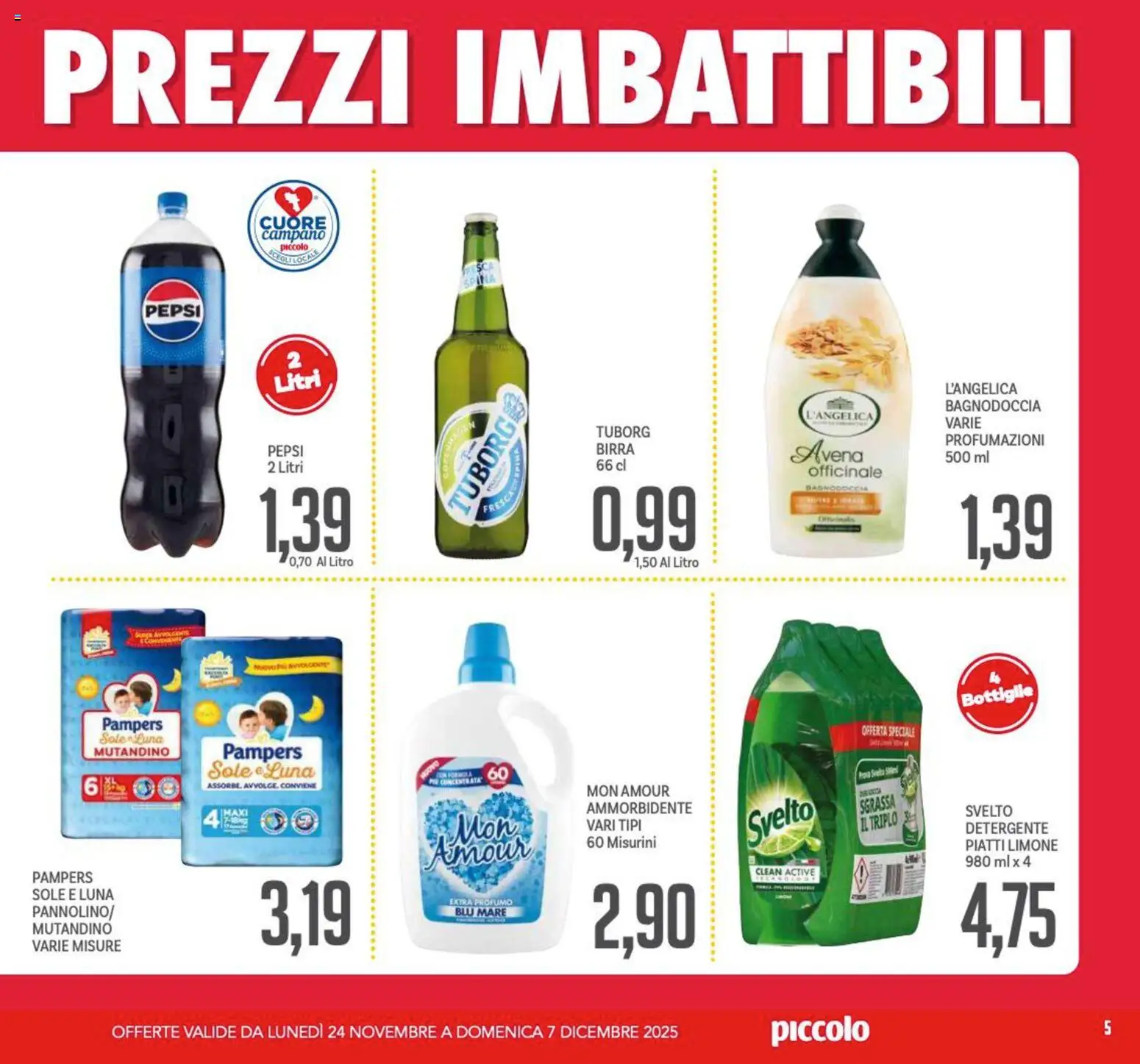 Volantino Piccolo del 24.11.2025 | Pagina: 5 | Prodotti: Birra, Limone, Pampers, Pepsi
