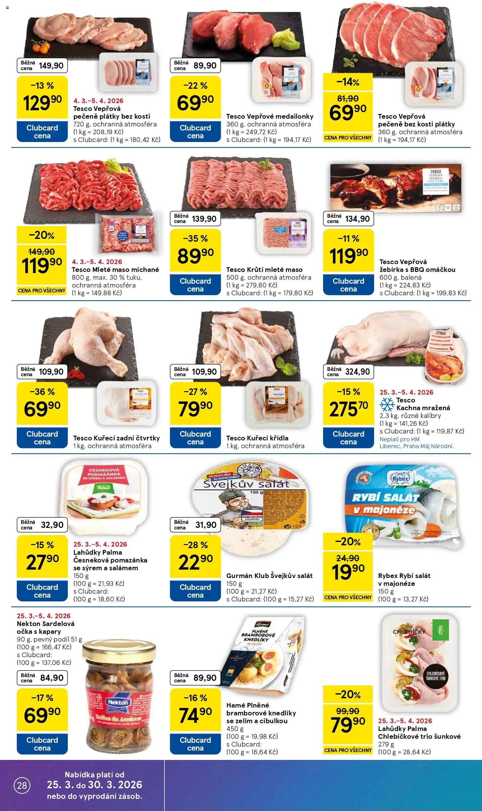 Tesco leták - Hypermarket od 25.03.2026 | Strana: 28 | Produkty: Vepřová pečeně, Kachna mražená, Kuřecí Křídla, Mleté maso