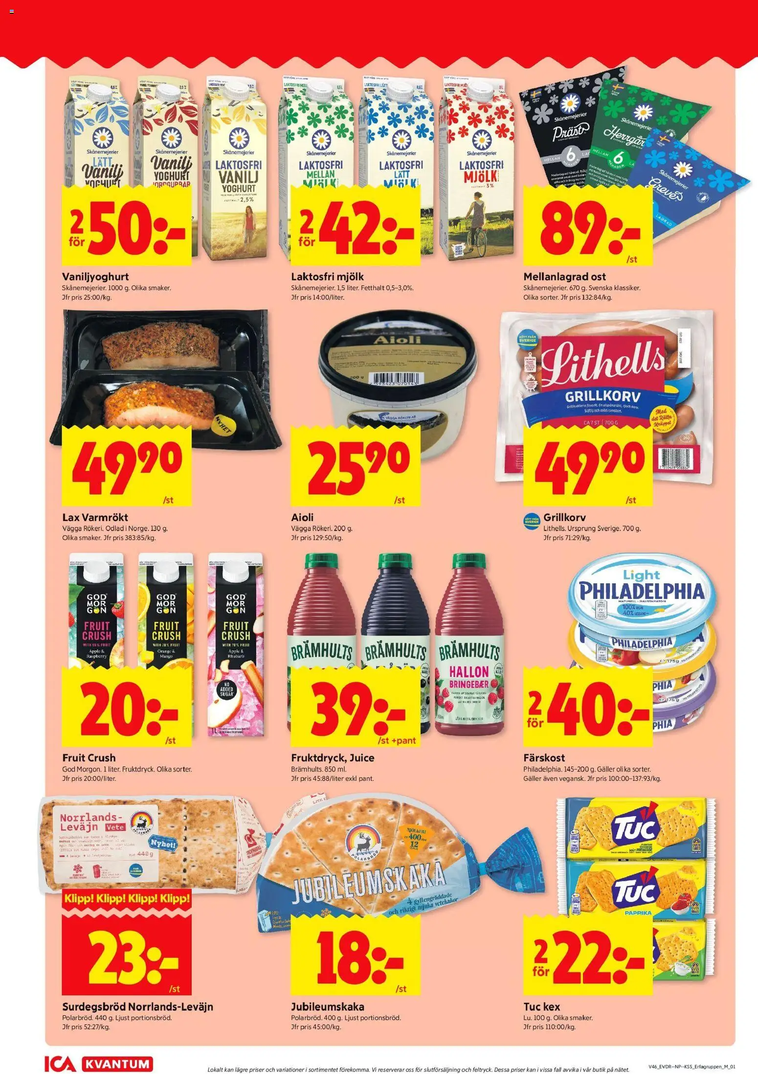 ICA Kvantum reklamblad aktuell från 10.11.2025 | Sida: 6 | Produkter: Grillkorv, Aioli, Mjölk, Ost