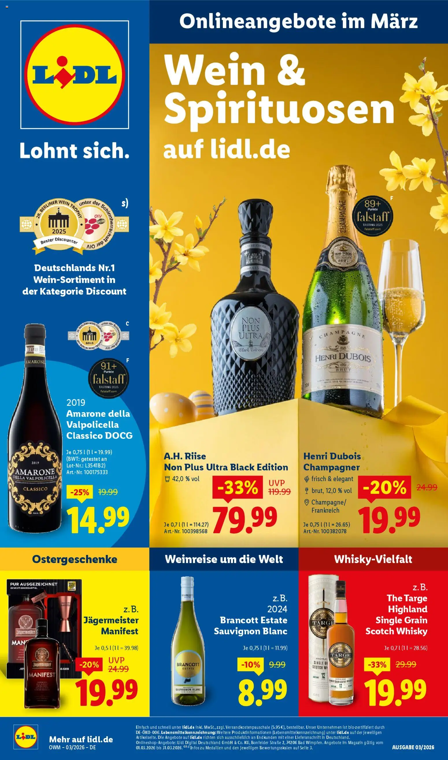 Lidl Německo leták - März od 01.03.2026 | Strana: 1 | Produkty: Jägermeister, Whisky, Champagne