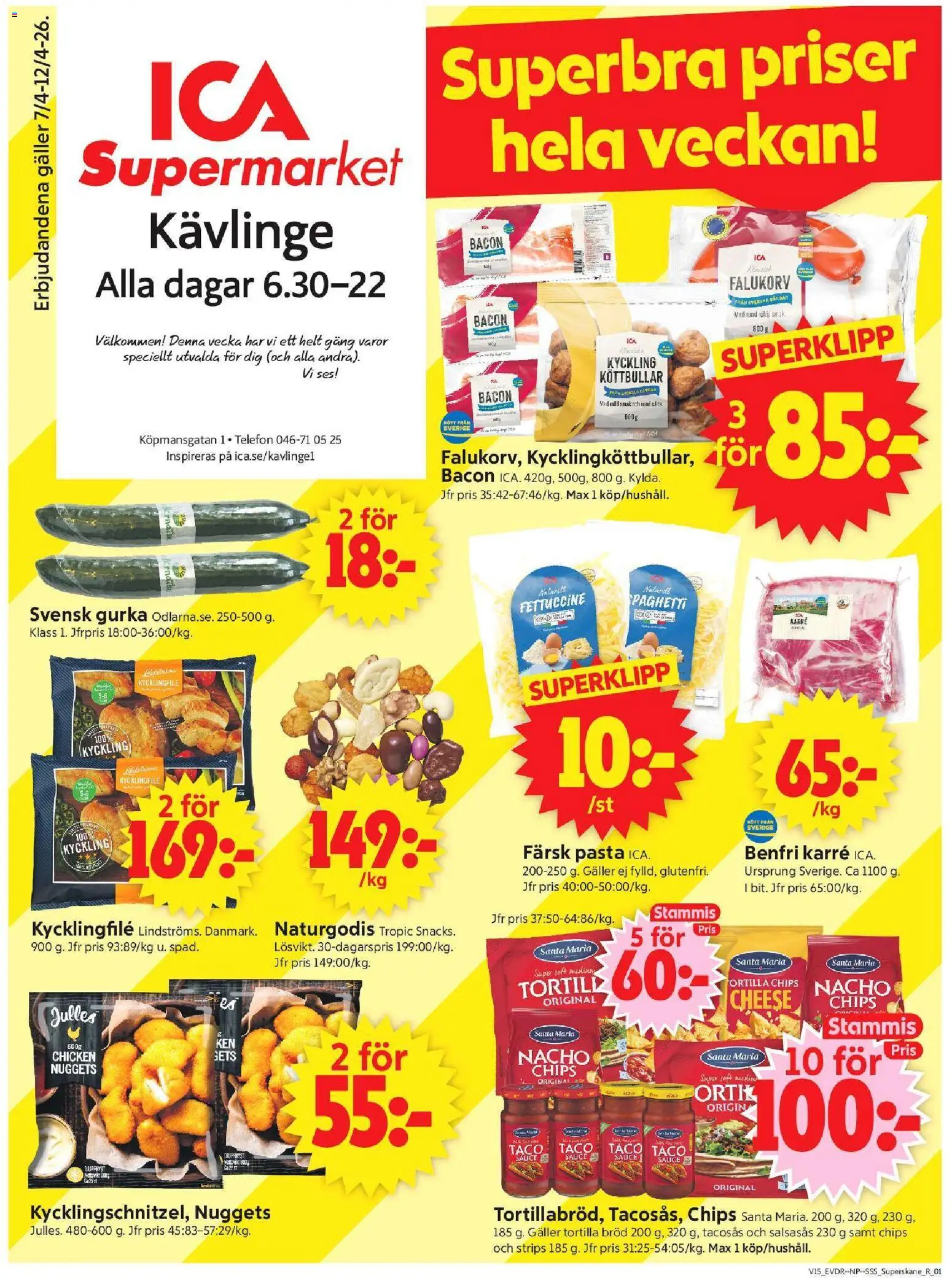 ICA Supermarket reklamblad aktuell från 06.04.2026 | Sida: 1 | Produkter: Köttbullar, Bacon, Galler, Chips