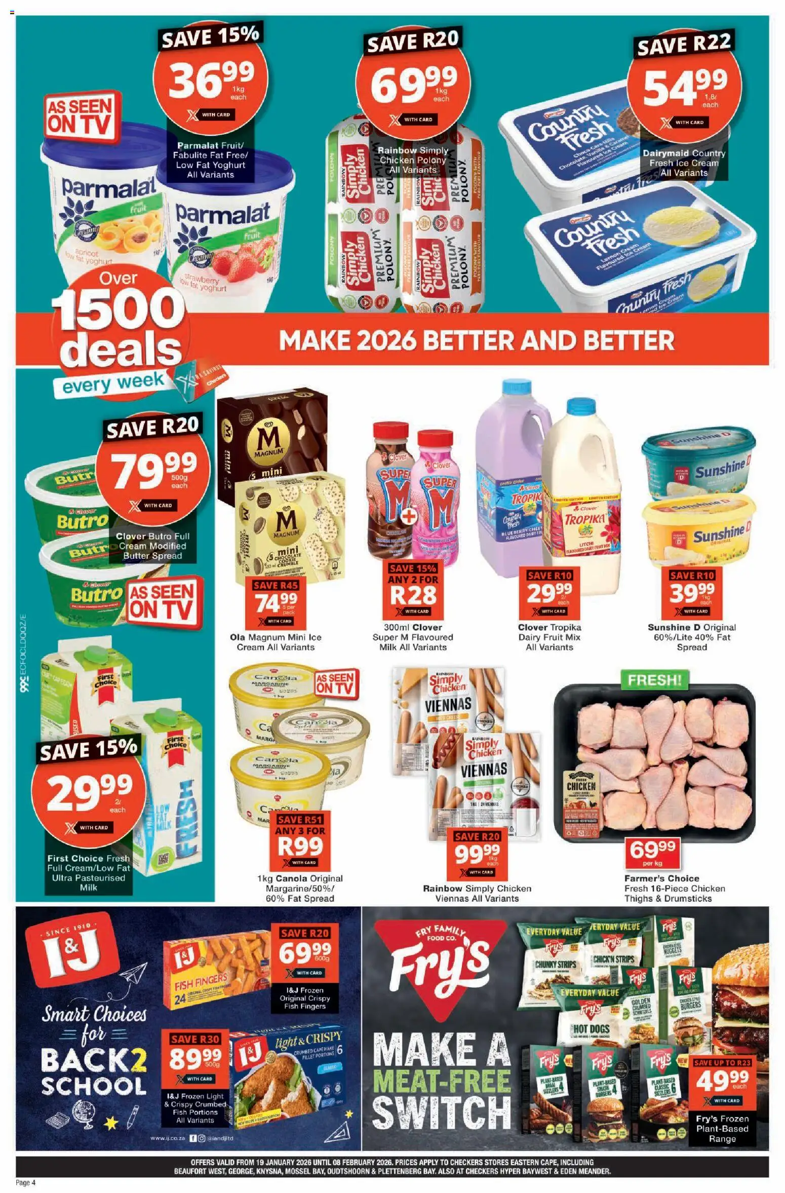 New Checkers catalogue – valid from 19.01.2026 | Page: 4 | Products: Butter, Hot dogs, Fruit, Caramel