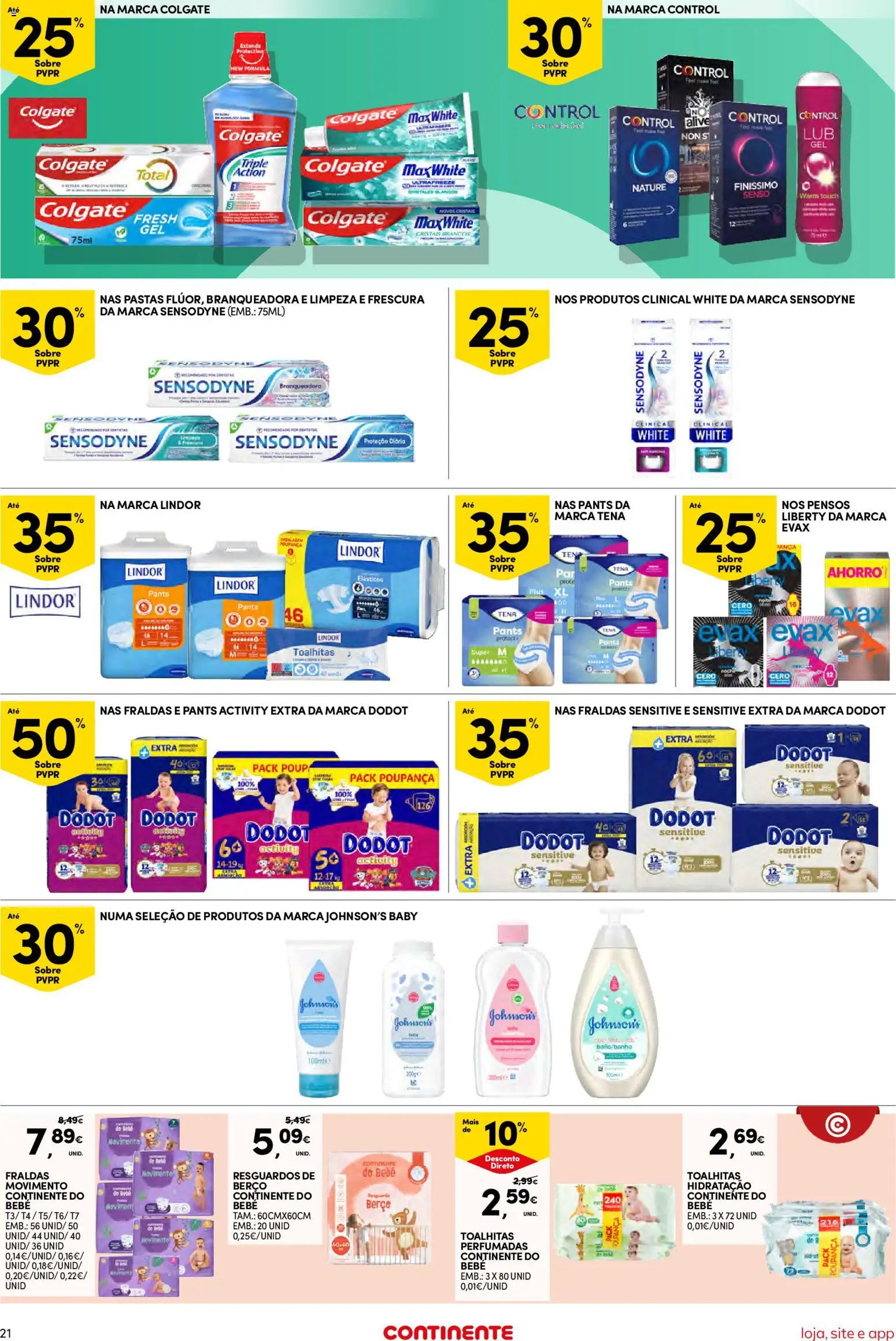 Continente Semanal Continente Bom Dia │ válido de 13.01.2026 | Página: 21 | Produtos: Fraldas, Preservativos, Pasta de dentes, Escova de dentes