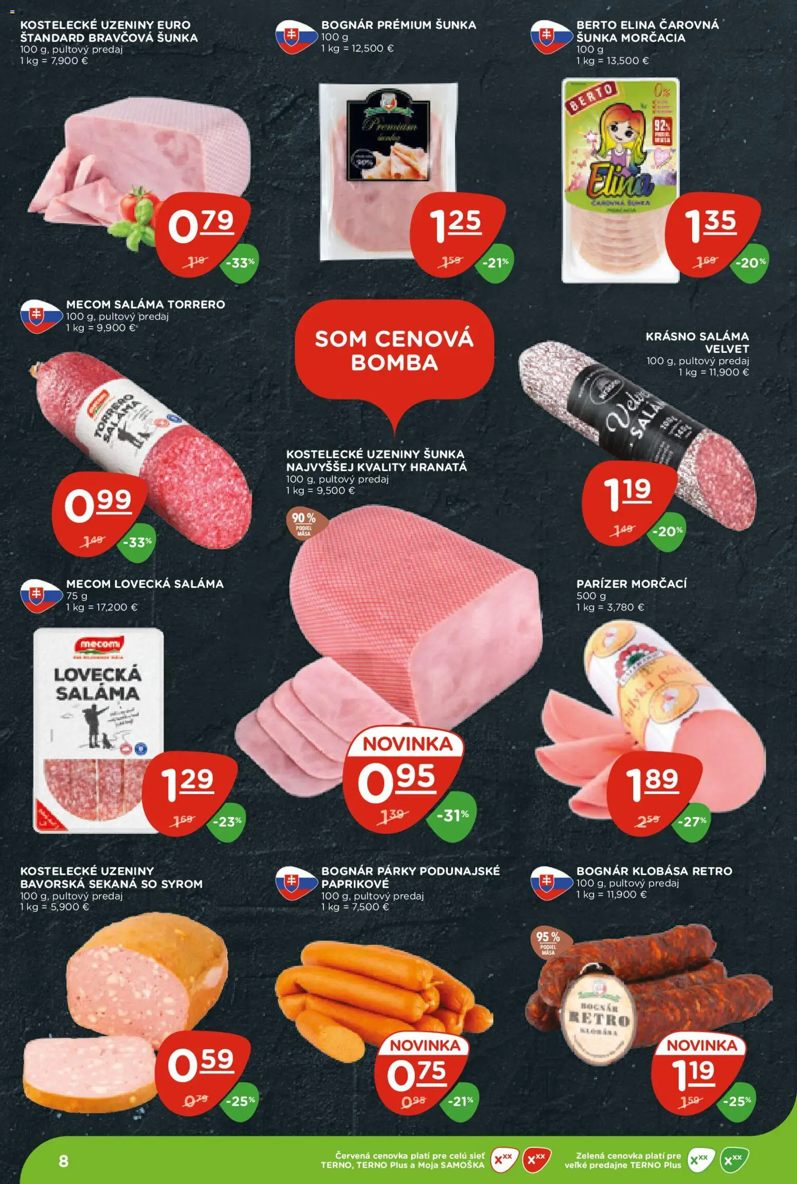 Nové Terno akcie – leták je platný od 30.04.2026 | Strana: 8 | Produkty: Saláma, Šunka, Klobása, Párky