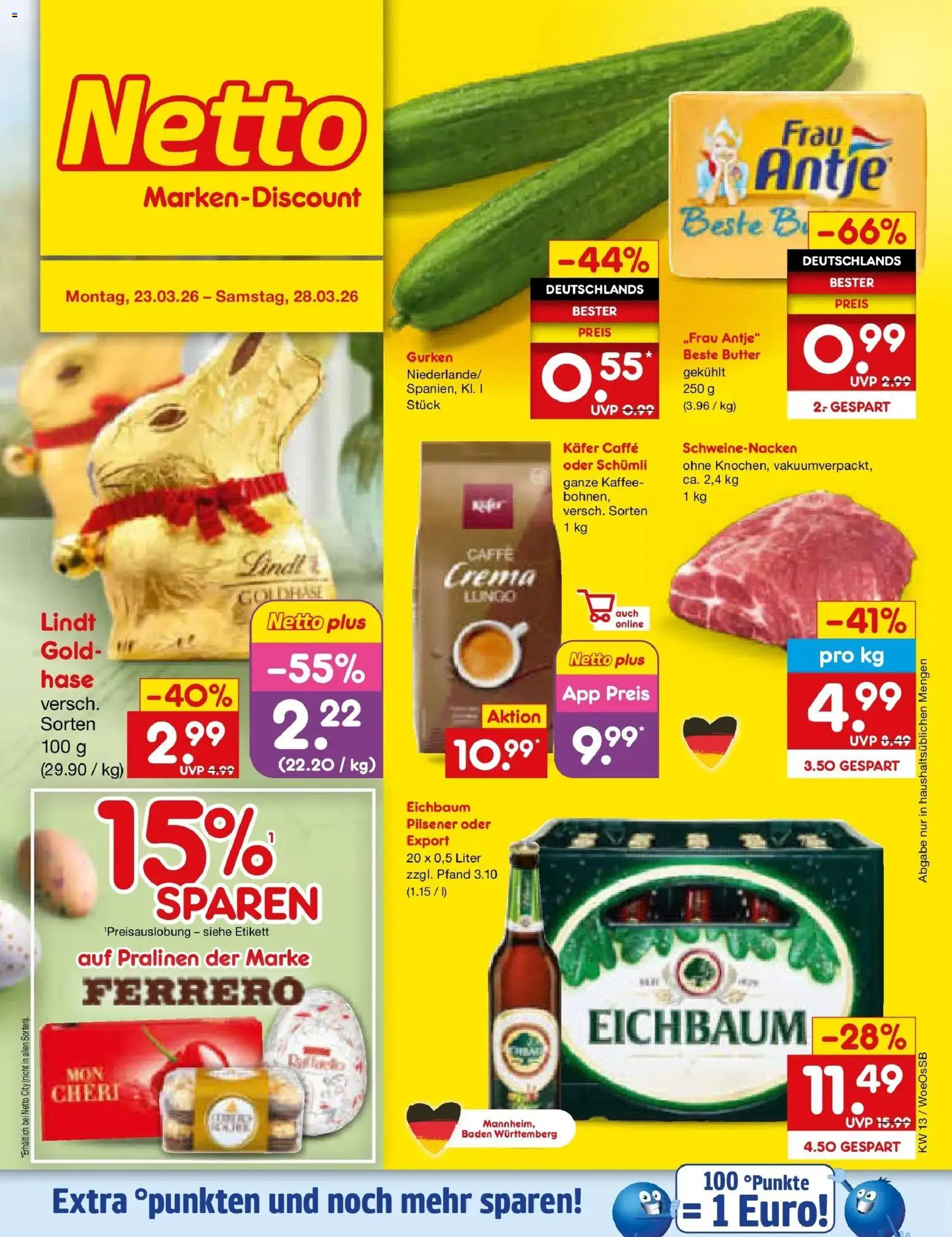 Netto Marken-Discount Prospekt Gemmingen	 – gültig ab 23.03.2026 | Seite: 1 | Produkte: Butter, Kaffee, Schweinenacken, Gurken