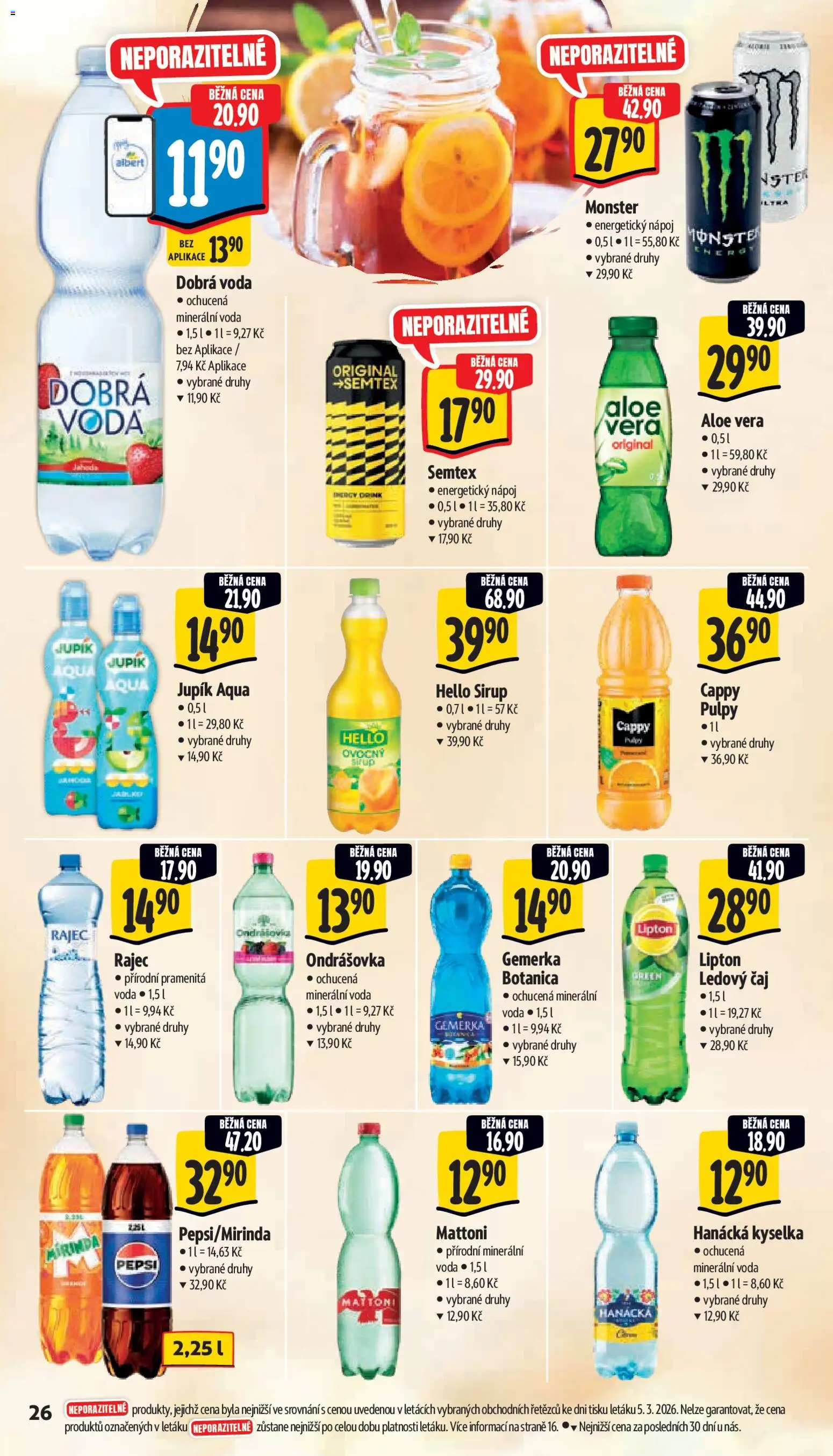 Albert leták - Supermarket od 11.03.2026 | Strana: 34 | Produkty: Hanácká kyselka, Voda, Hello sirup, Mirinda