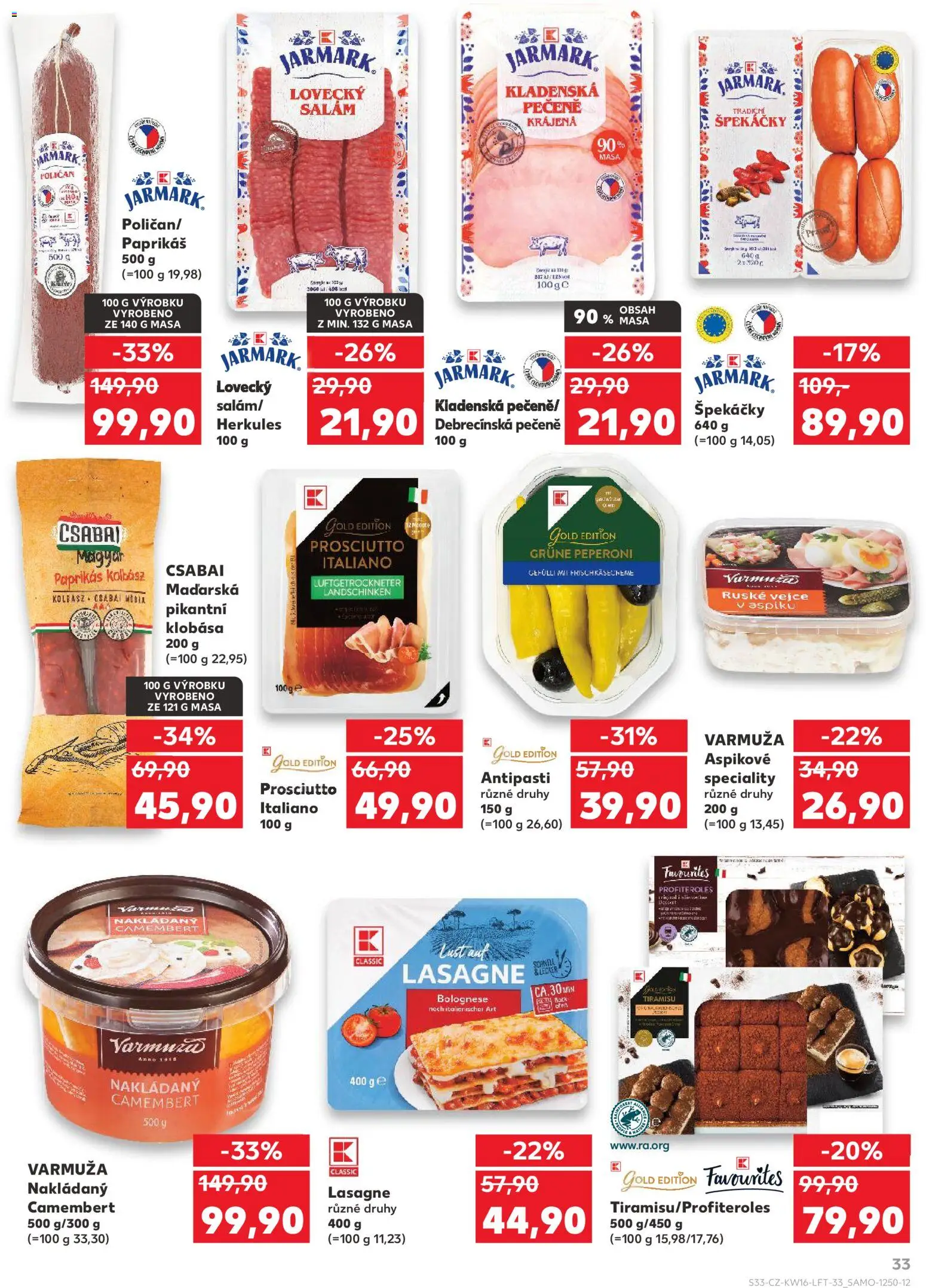 Kaufland leták - Praha 4 od 15.04.2026 | Strana: 33 | Produkty: Profiteroles, Salám, Klobása, Lasagne