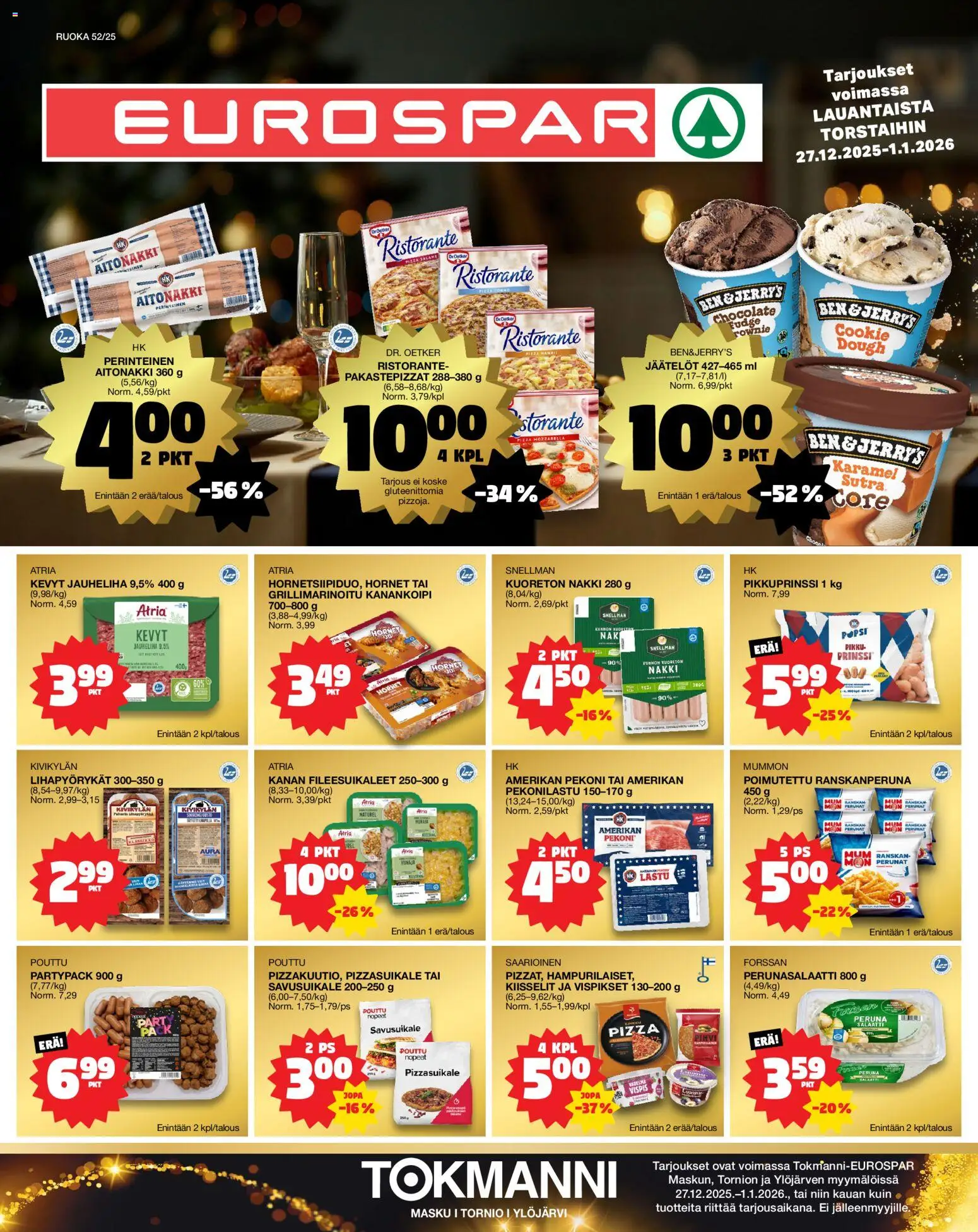 Tokmanni - EUROSPAR – voimassa 27.12.2025 alkaen | Sivu: 1 | Tuotteet: Ranskanperunat, Mozzarella, Jauheliha, Salaatti