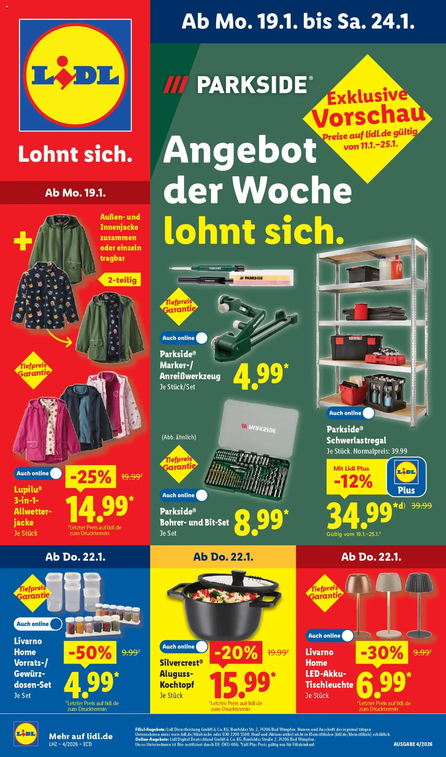 Lidl - Prospekt – gültig ab 19.01.2026 | Seite: 1 | Produkte: Bad, Schwerlastregal, Jacke