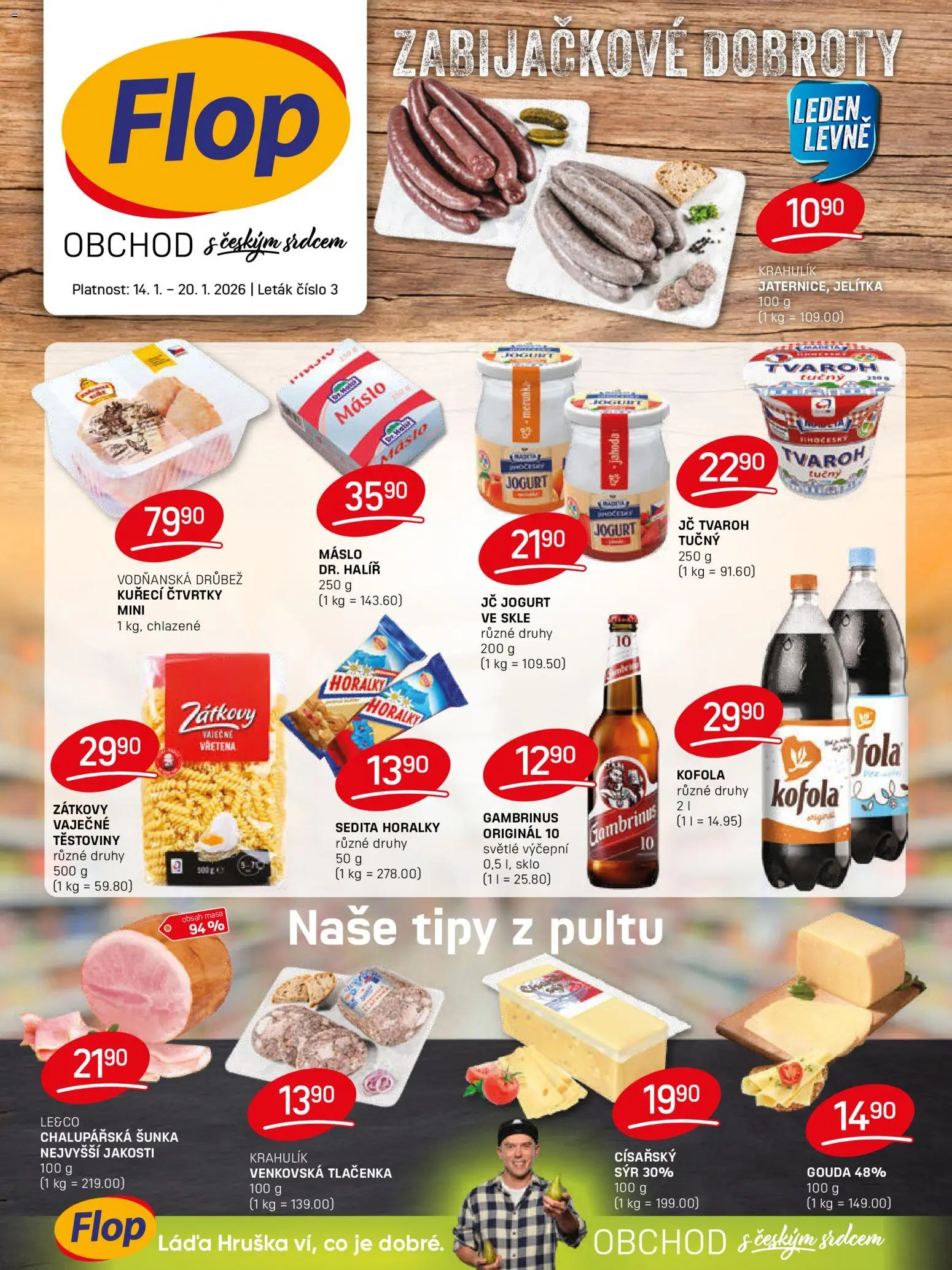 Flop leták od 14.01.2026 | Strana: 1 | Produkty: Máslo, Těstoviny, Tvaroh, Kofola