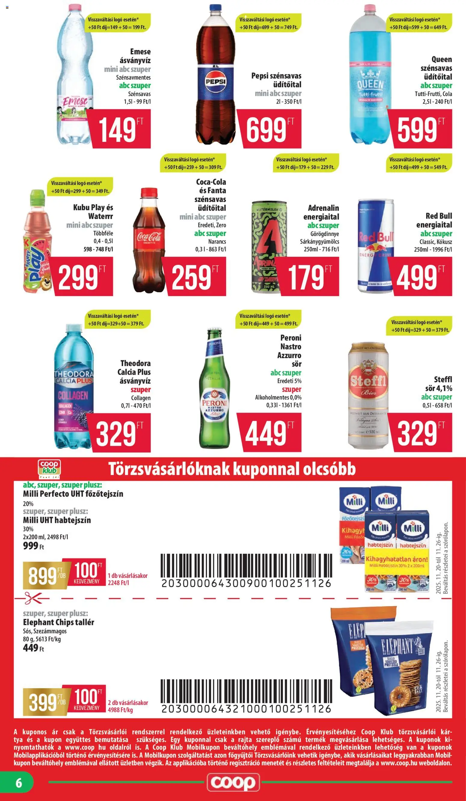 COOP akciós ujság - amely érvényes a következő dátumtól: 20.11.2025 | Oldal: 6 | Termékek: Habtejszín, Chips, Red bull, Kokusz