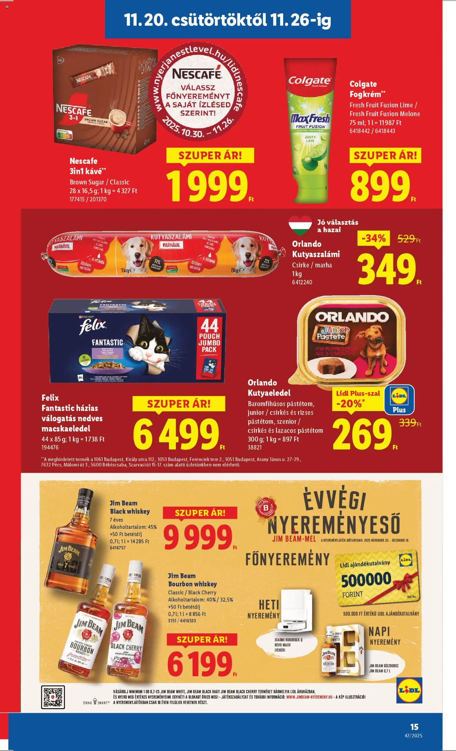 Lidl akciós ujság - amely érvényes a következő dátumtól: 20.11.2025 | Oldal: 15 | Termékek: Nescafé, Macskaeledel, Bourbon, Kávé