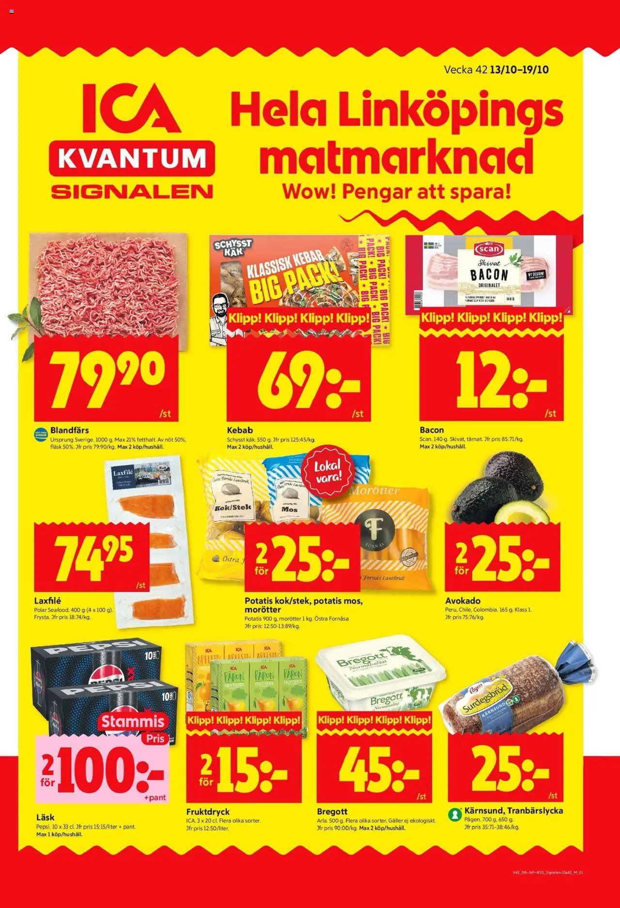 ICA Kvantum reklamblad aktuell från 13.10.2025 | Sida: 1 | Produkter: Bacon, Galler, Blandfärs, Fläsk