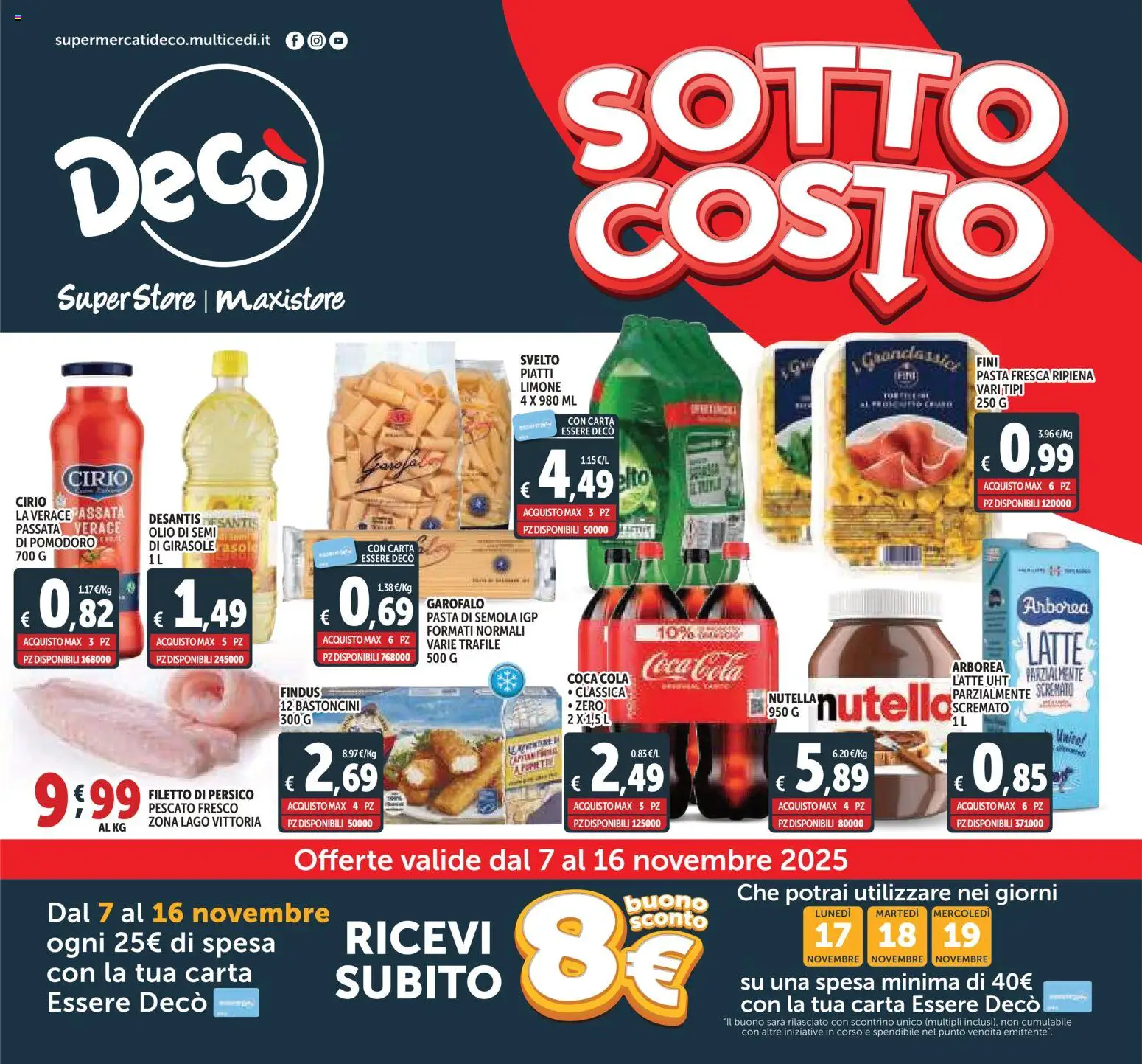 Volantino Decò del 07.11.2025 | Pagina: 1 | Prodotti: Pomodoro, Olio, Pasta, Coca Cola