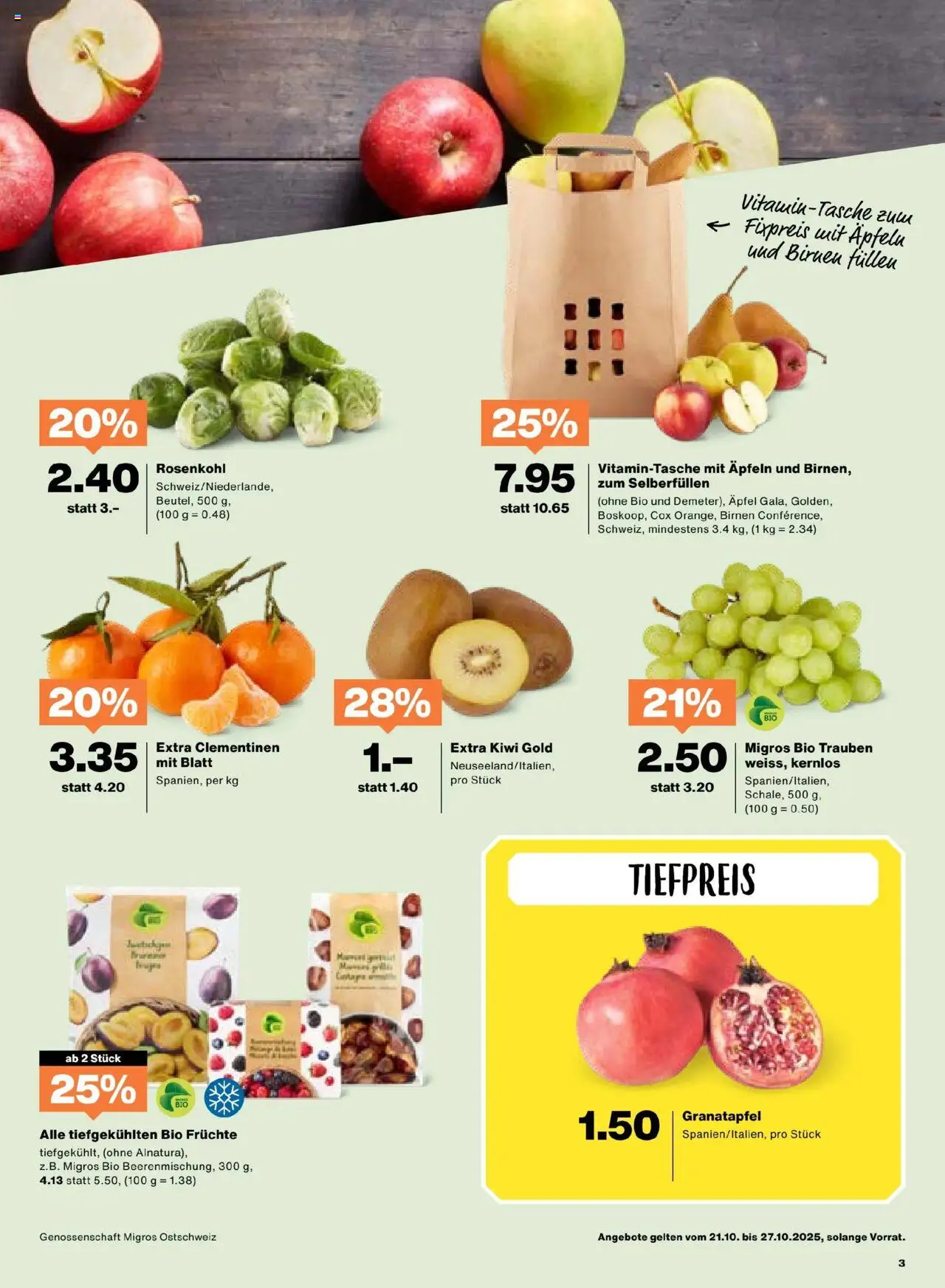 Migros Aktionen – gültig ab 21.10.2025 | Seite: 3 | Produkte: Granatapfel, Äpfel, Kiwi, Früchte
