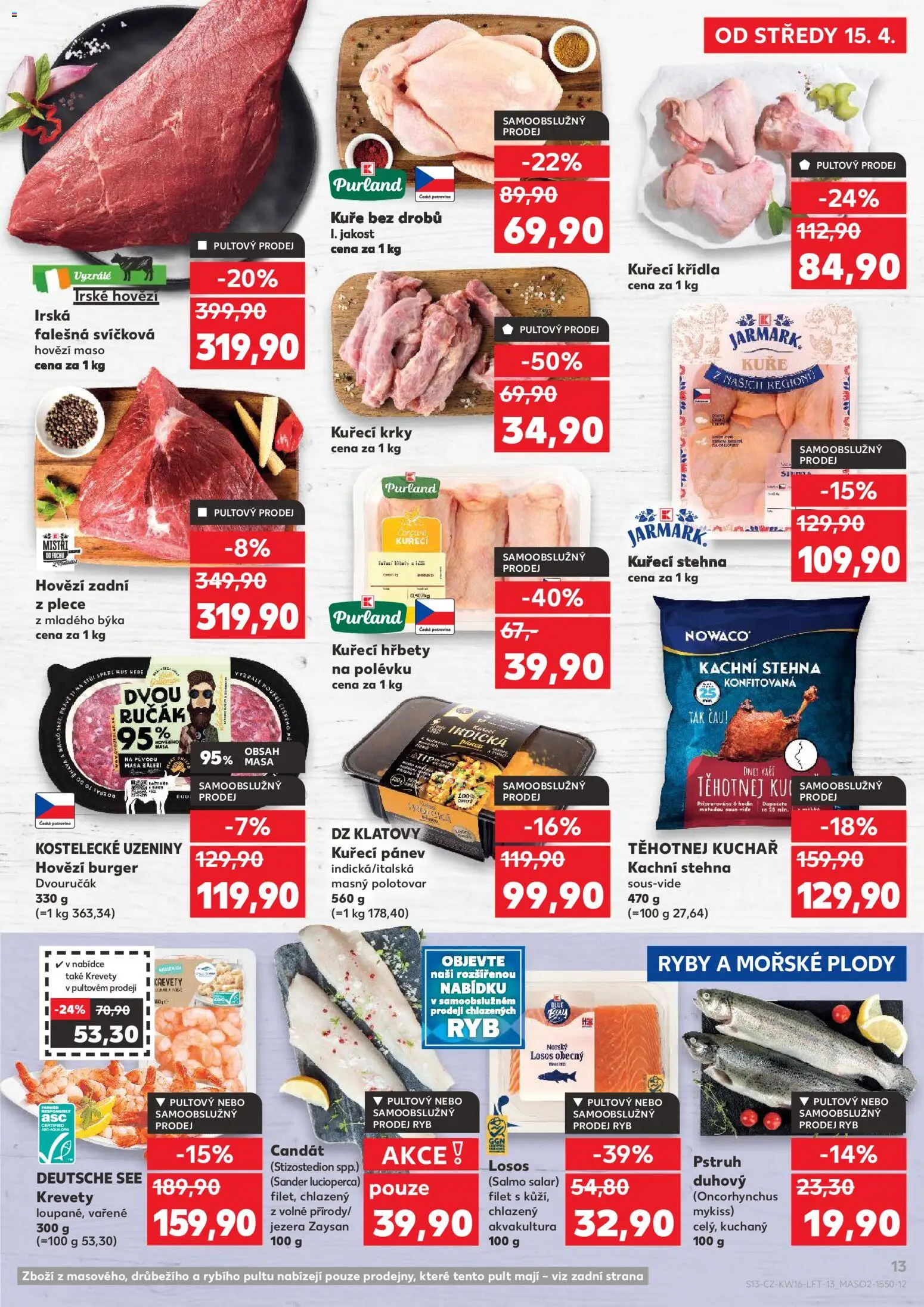Kaufland leták - Praha 8 od 15.04.2026 | Strana: 13 | Produkty: Burger, Hovězí, Kachni stehna, Losos