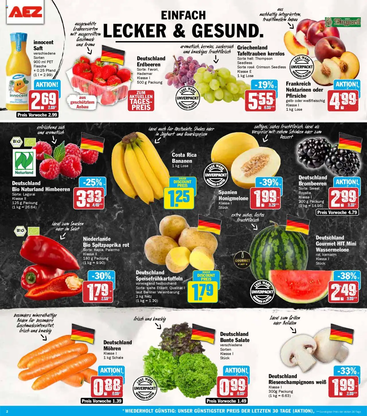 AEZ Prospekt 	 - gültig ab dem 04.08.2025 | Seite: 2 | Produkte: Himbeeren, Nektarinen, Bananen, Honigmelone