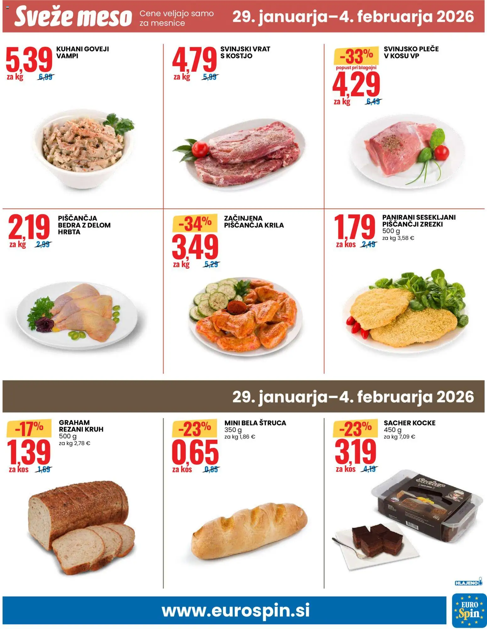 Novi Eurospin katalog ponudbe – veljaven od 29.01.2026 | Stran: 17 | Izdelki: Piščančja bedra, Piščančja krila, Zrezki, Kruh