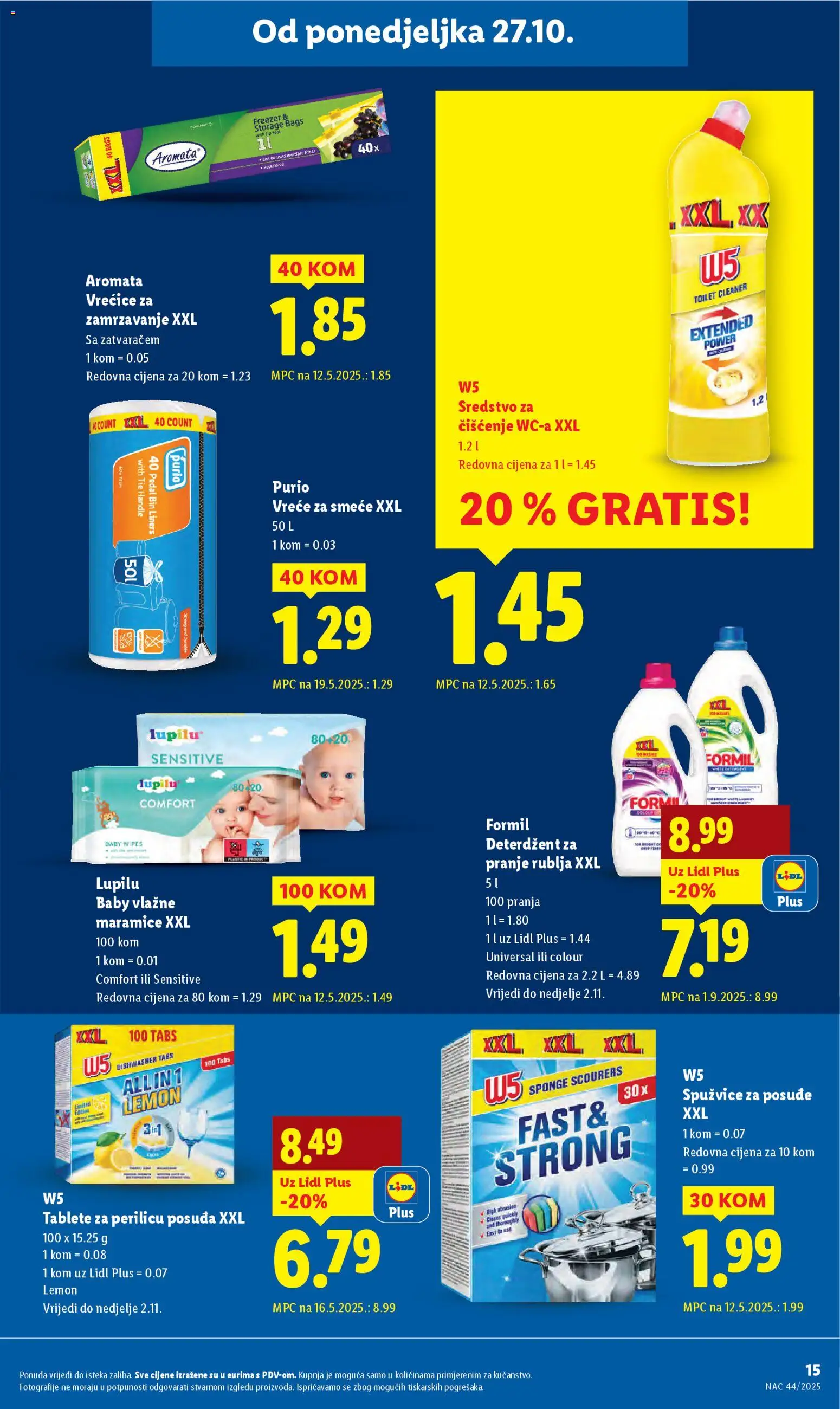 Lidl katalog | vrijedi od 27.10.2025 | Stranica: 15 | Proizvodi: Vlažne maramice, Deterdžent za pranje rublja, Tablete za perilicu posuđa, Vreće za smeće