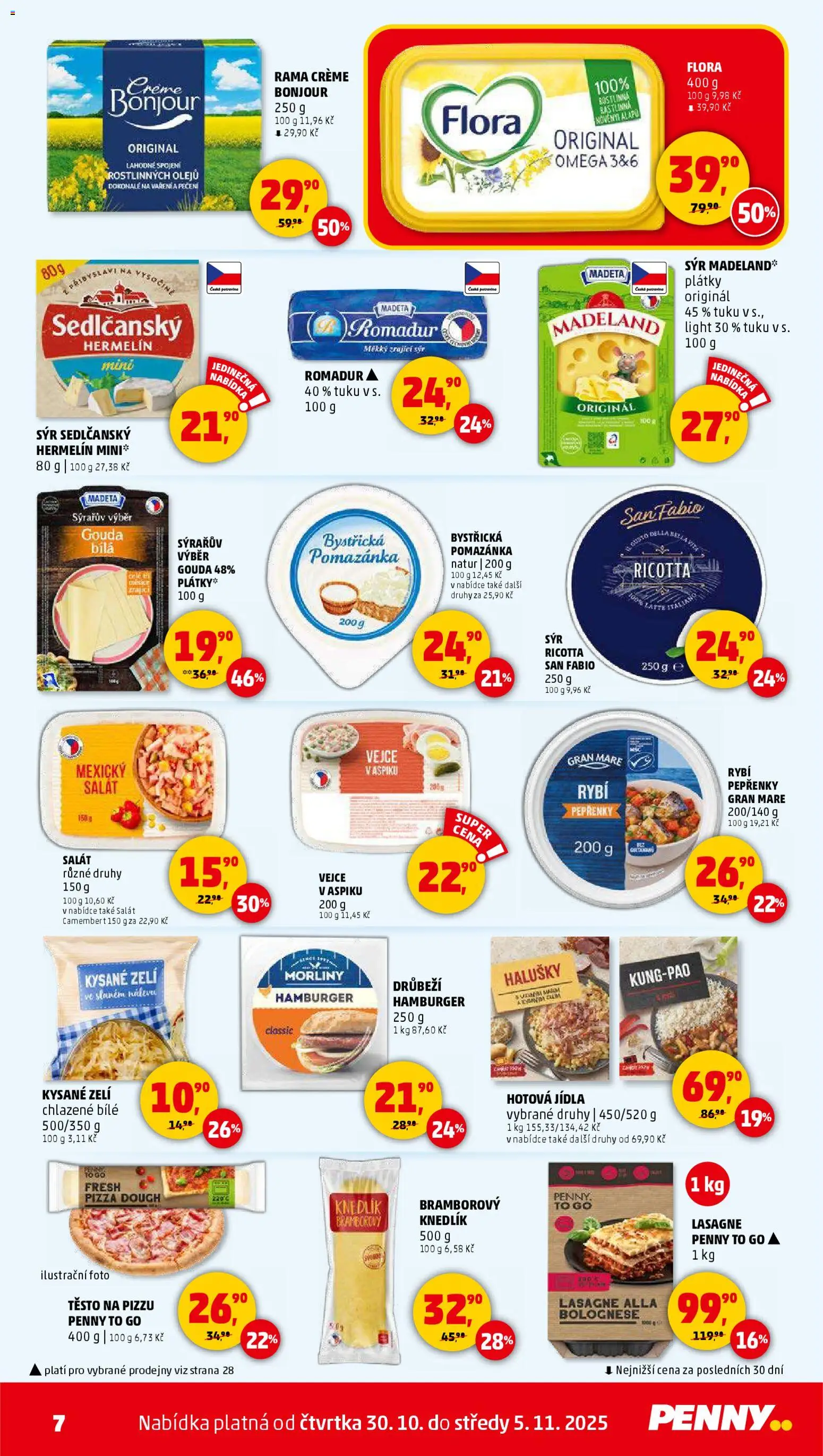 Penny Market leták - Čtvrtečník od 30.10.2025 | Strana: 7 | Produkty: Pizza, Pomazánka, Flora, Halušky