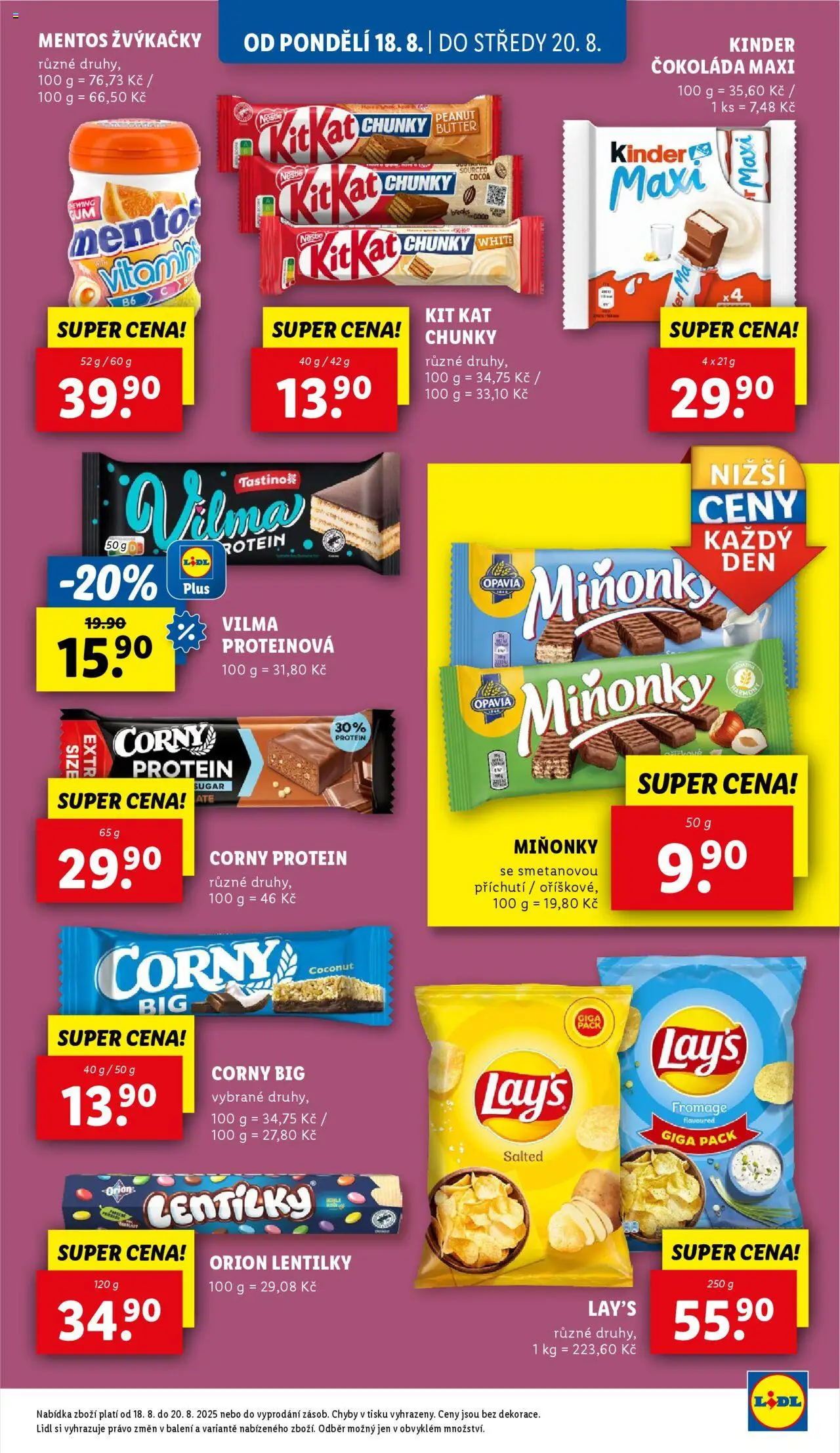 Lidl leták od 18.08.2025 | Strana: 29 | Produkty: Čokoláda, Lentilky Orion, Protein, Kinder