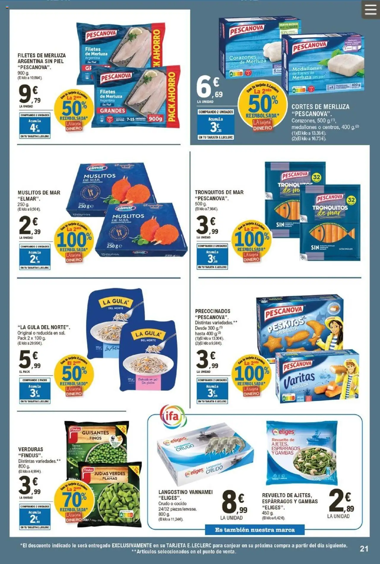 E.Leclerc folleto │ válido desde el 13.08.2025 | Página: 21 | Productos: Medallones, Νερό καρύδας, Filetes de merluza, Langostino