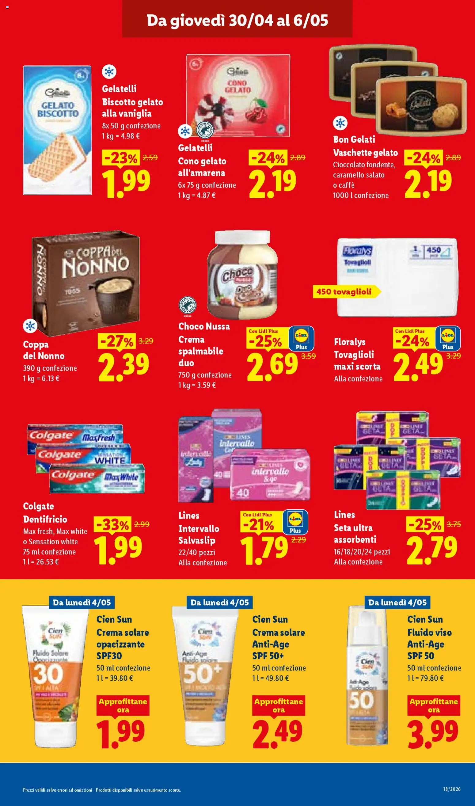 Volantino Lidl del 30.04.2026 | Pagina: 15 | Prodotti: Crema solare, Cioccolato, Dentifricio, Gelato