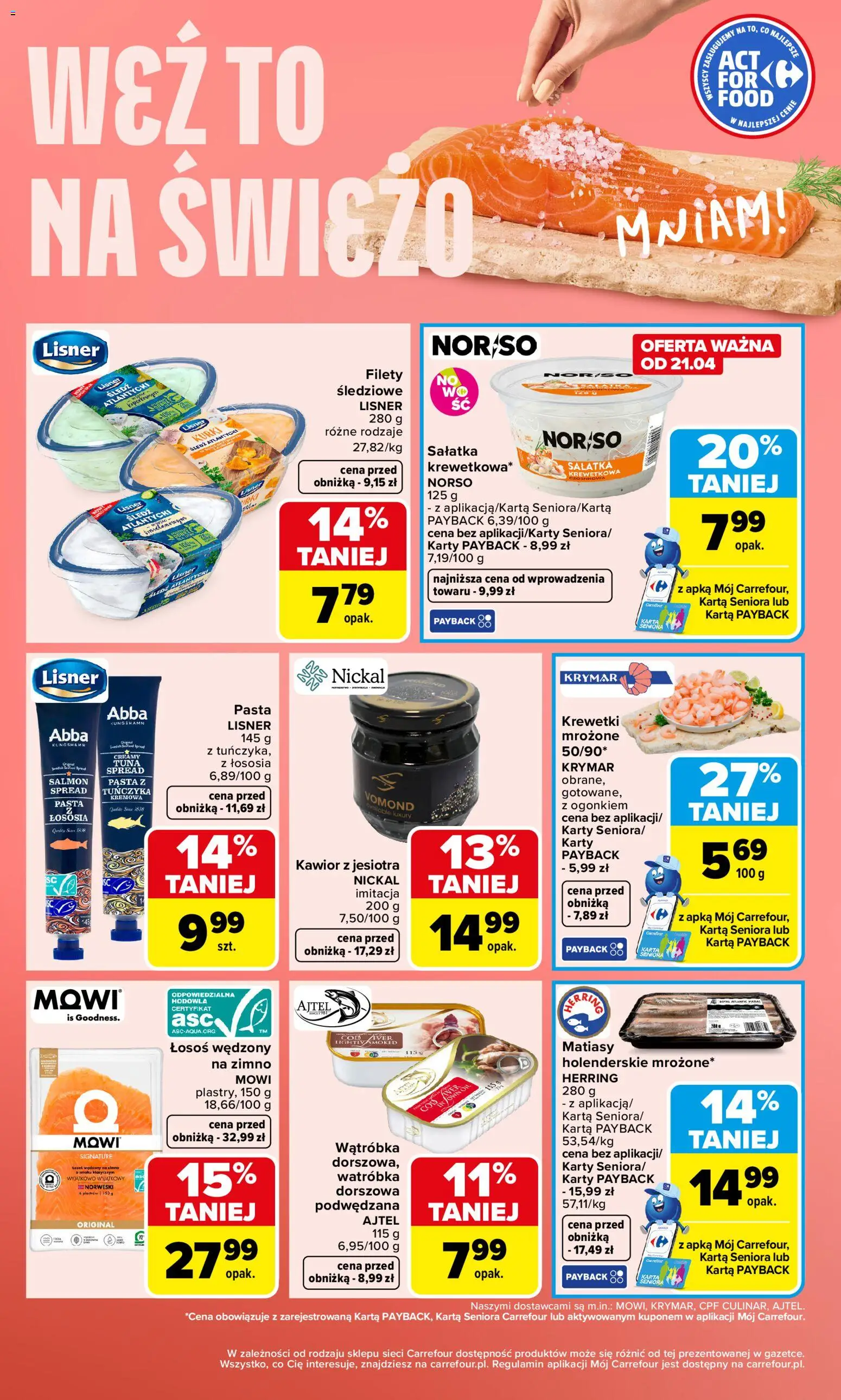 Carrefour gazetka - Weź to na świeżo od 20.04.2026 | Strona: 4 | Produkty: Karta, Śledź, Łosoś wędzony, Kawior