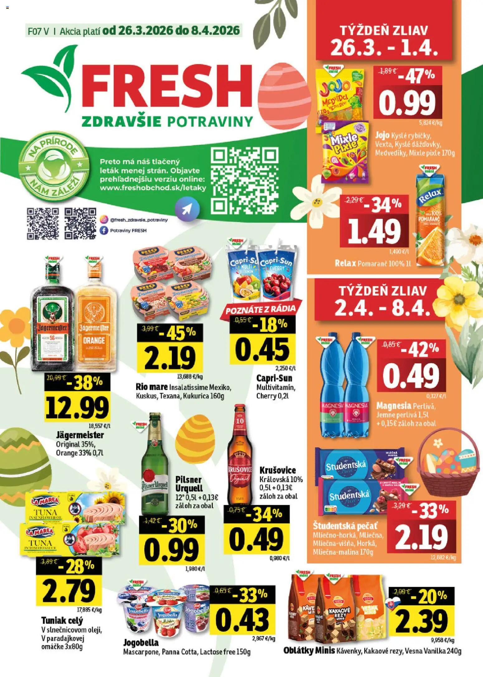 Nové Fresh akcie – leták je platný od 26.03.2026 | Strana: 1 | Produkty: Jägermeister, Rio Mare, Krušovice, Študentská pečať