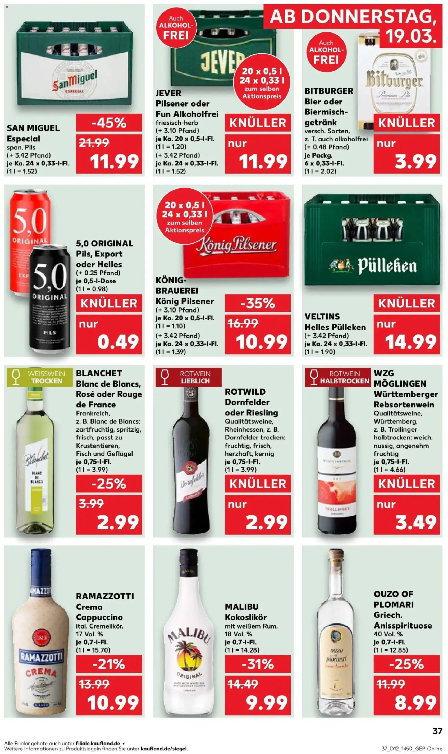 Kaufland Prospekt Helmstedt	 – gültig ab 19.03.2026 | Seite: 37 | Produkte: Helles pulleken, Rotwein trocken, Ramazzotti crema, Veltins