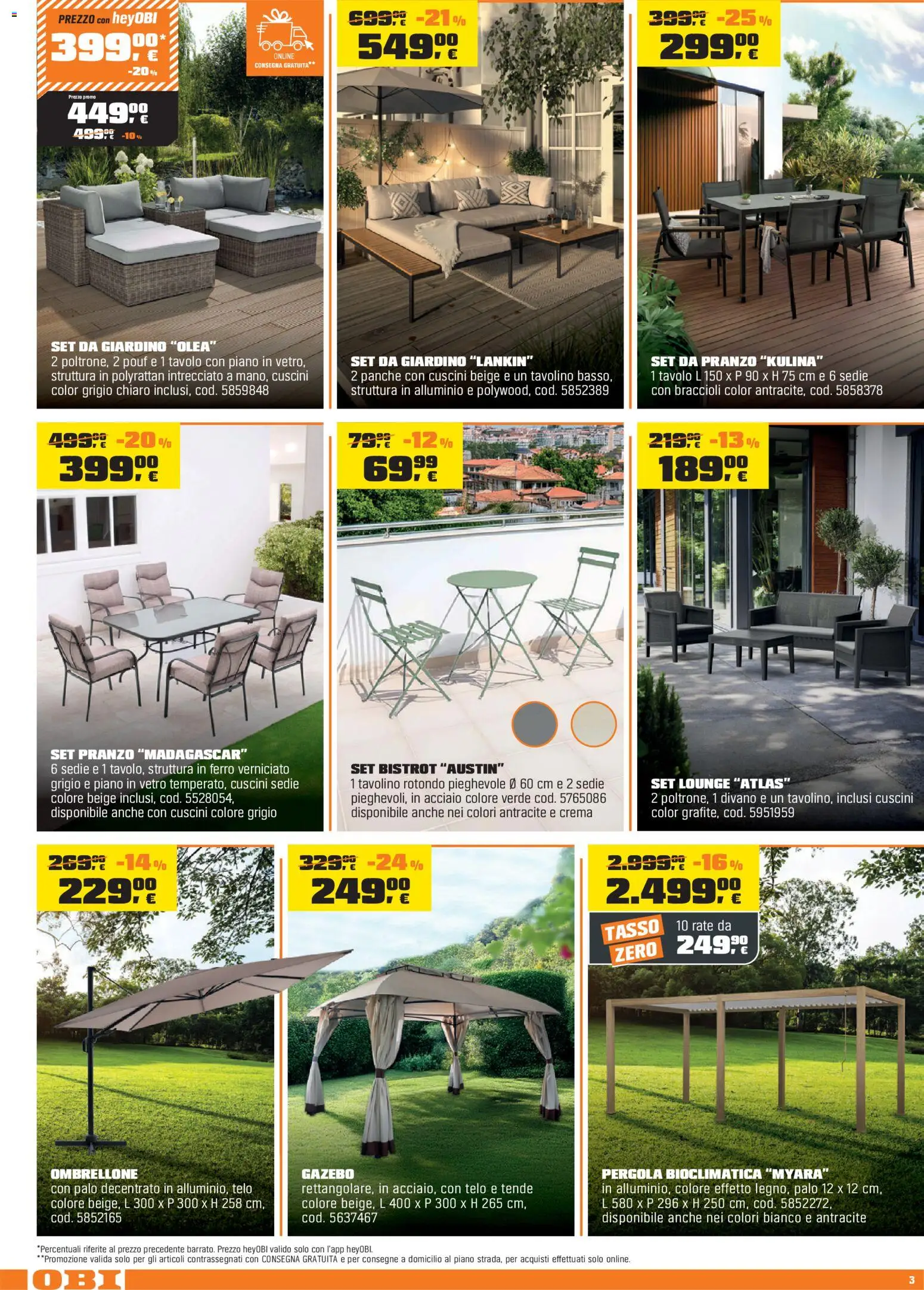 Volantino OBI del 02.04.2026 | Pagina: 3 | Prodotti: Crema, Ombrellone, Pergola, Set da giardino