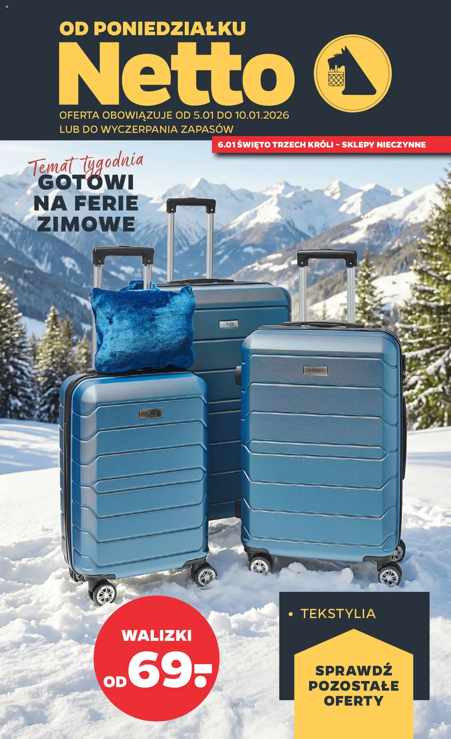 Netto gazetka - Non Food od 05.01.2026 | Strona: 1 | Produkty: Walizki, Tekstylia