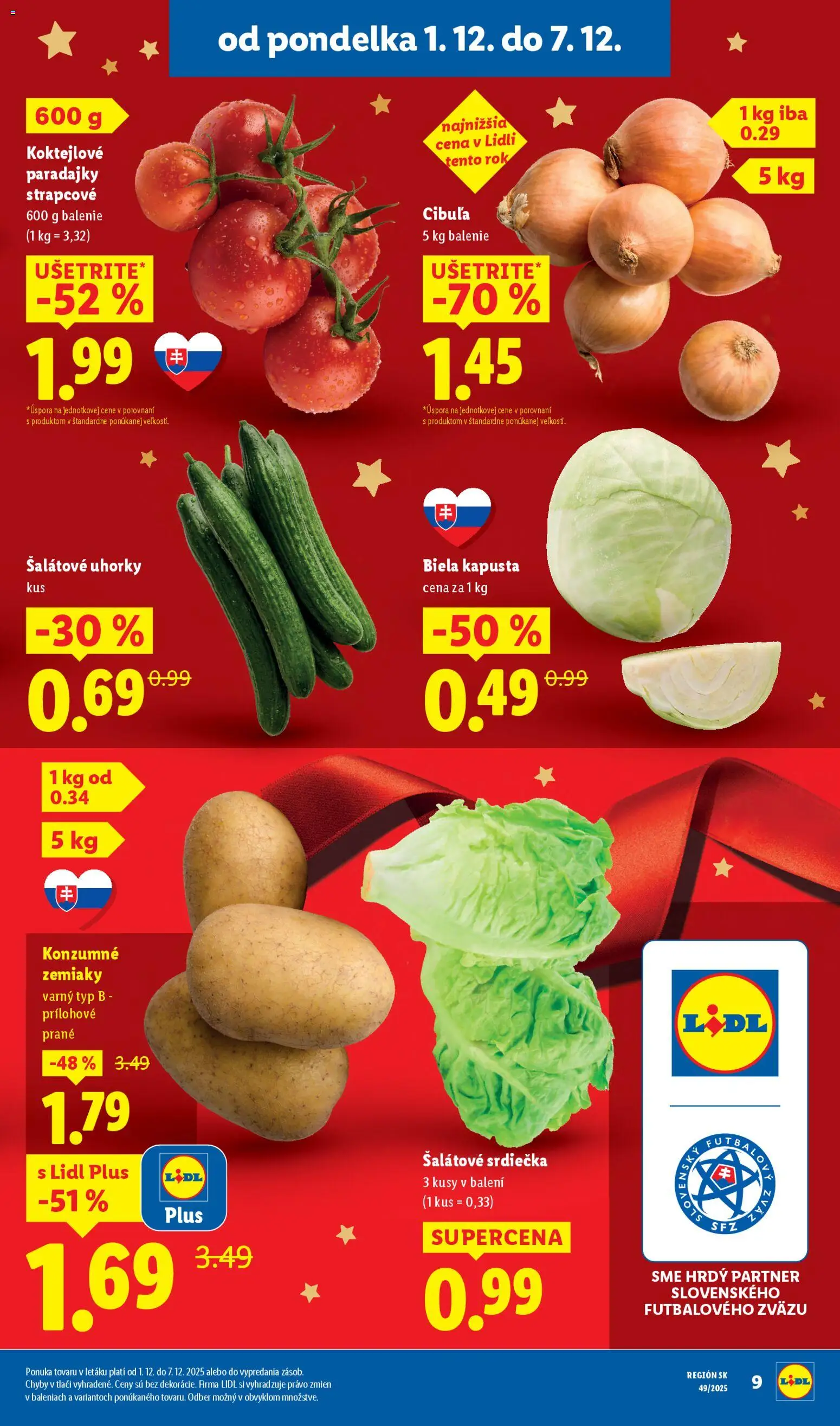 Nové Lidl akcie – leták je platný od 01.12.2025 | Strana: 9 | Produkty: Paradajky, Zemiaky, Cibuľa, Uhorky
