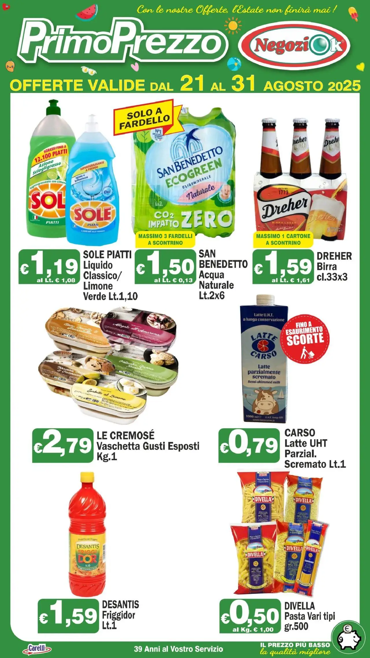 Volantino Primo Prezzo del 21.08.2025 | Pagina: 1 | Prodotti: Birra, Acqua, Latte, Mais