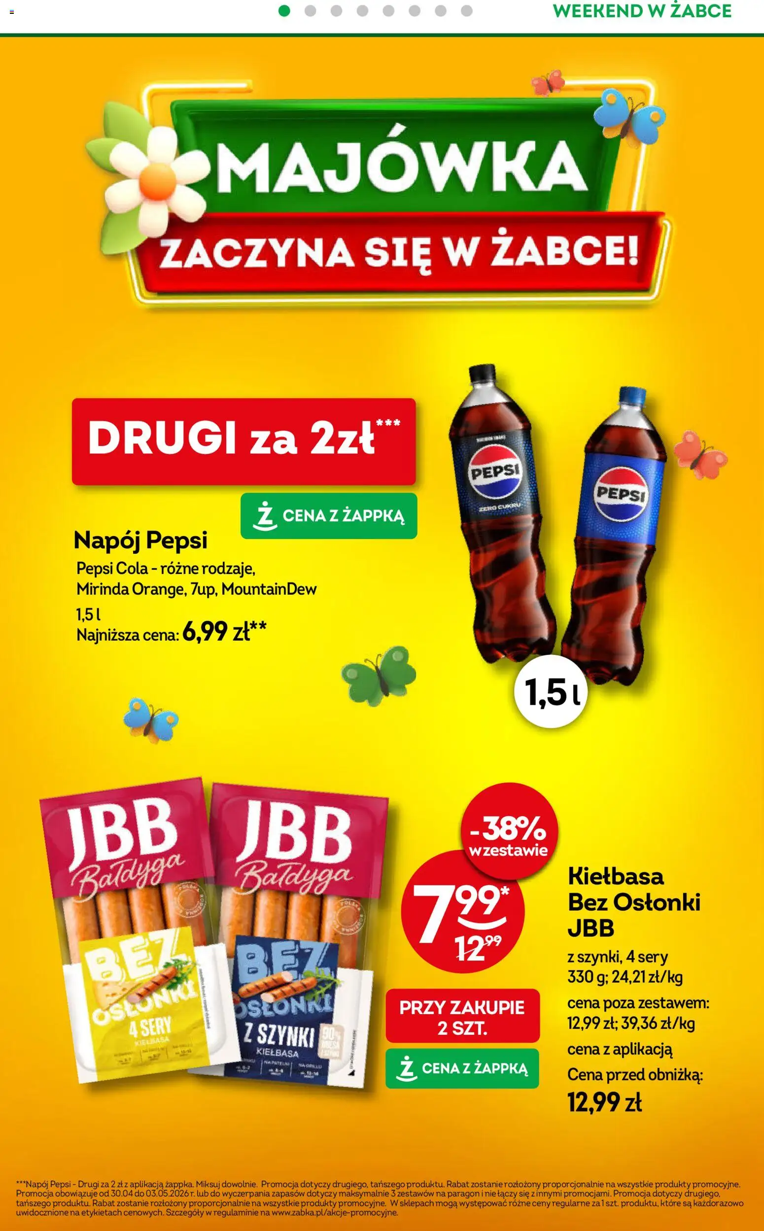 Żabka gazetka - Weekendowe promocje od 30.04.2026 | Strona: 2 | Produkty: Kiełbasa, Pepsi, Sery