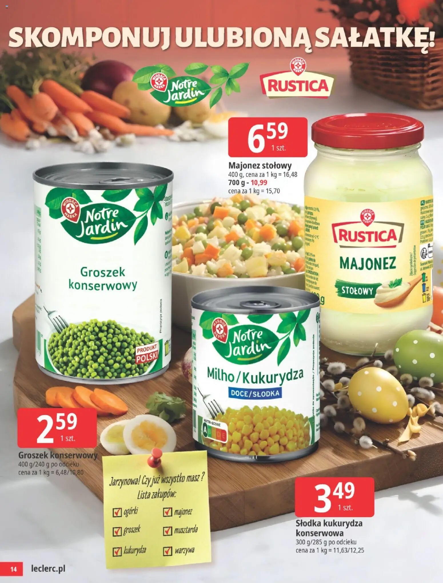 E.Leclerc gazetka - Wielkanoc od 24.03.2026 | Strona: 14 | Produkty: Kukurydza, Groszek konserwowy, Ogórki, Warzywa