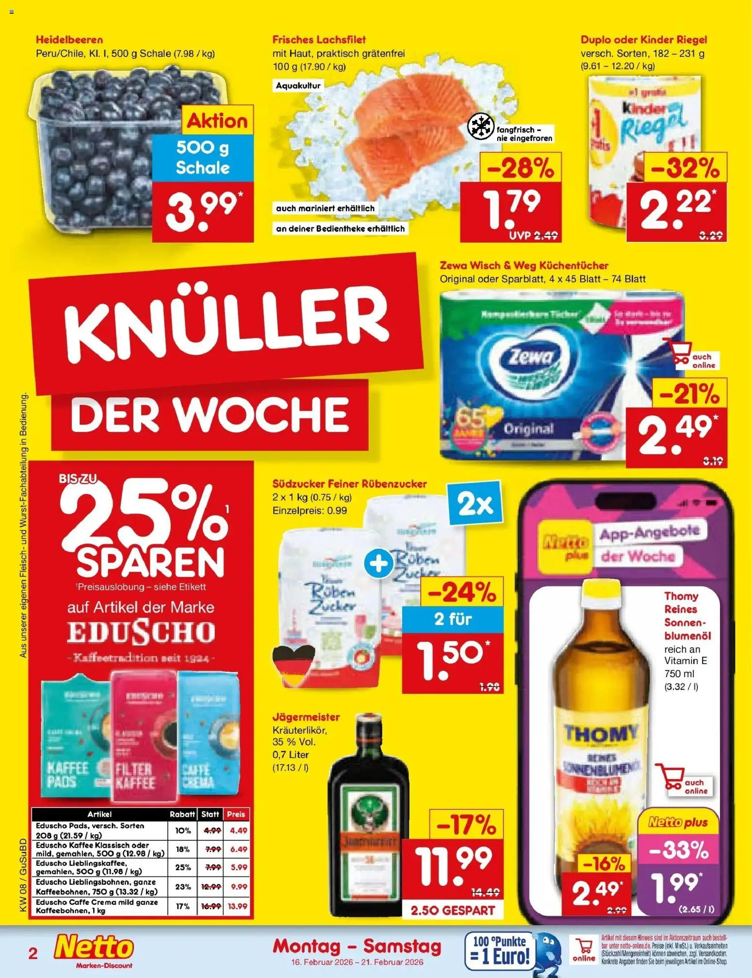 Netto Marken-Discount prospekt Glauchau	 – gültig ab 16.02.2026 | Seite: 2 | Produkte: Zewa, Kinder riegel, Heidelbeeren, Eduscho