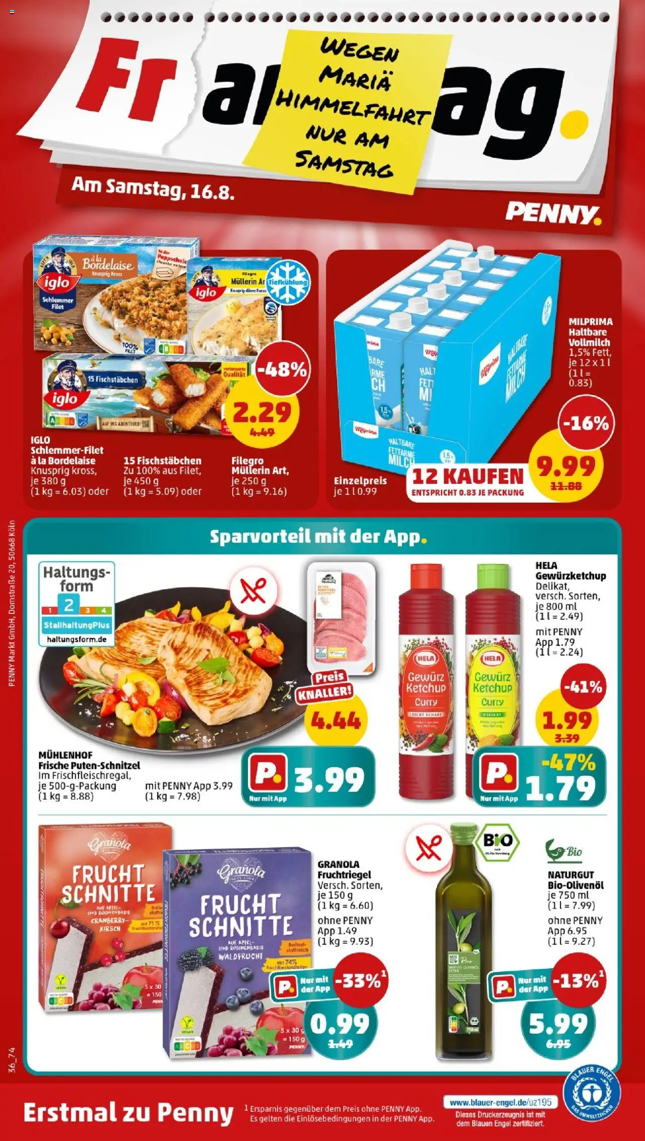 Penny - Saarland - gültig ab dem 11.08.2025 | Seite: 36 | Produkte: Milch, Iglo, Fischstabchen, Ketchup