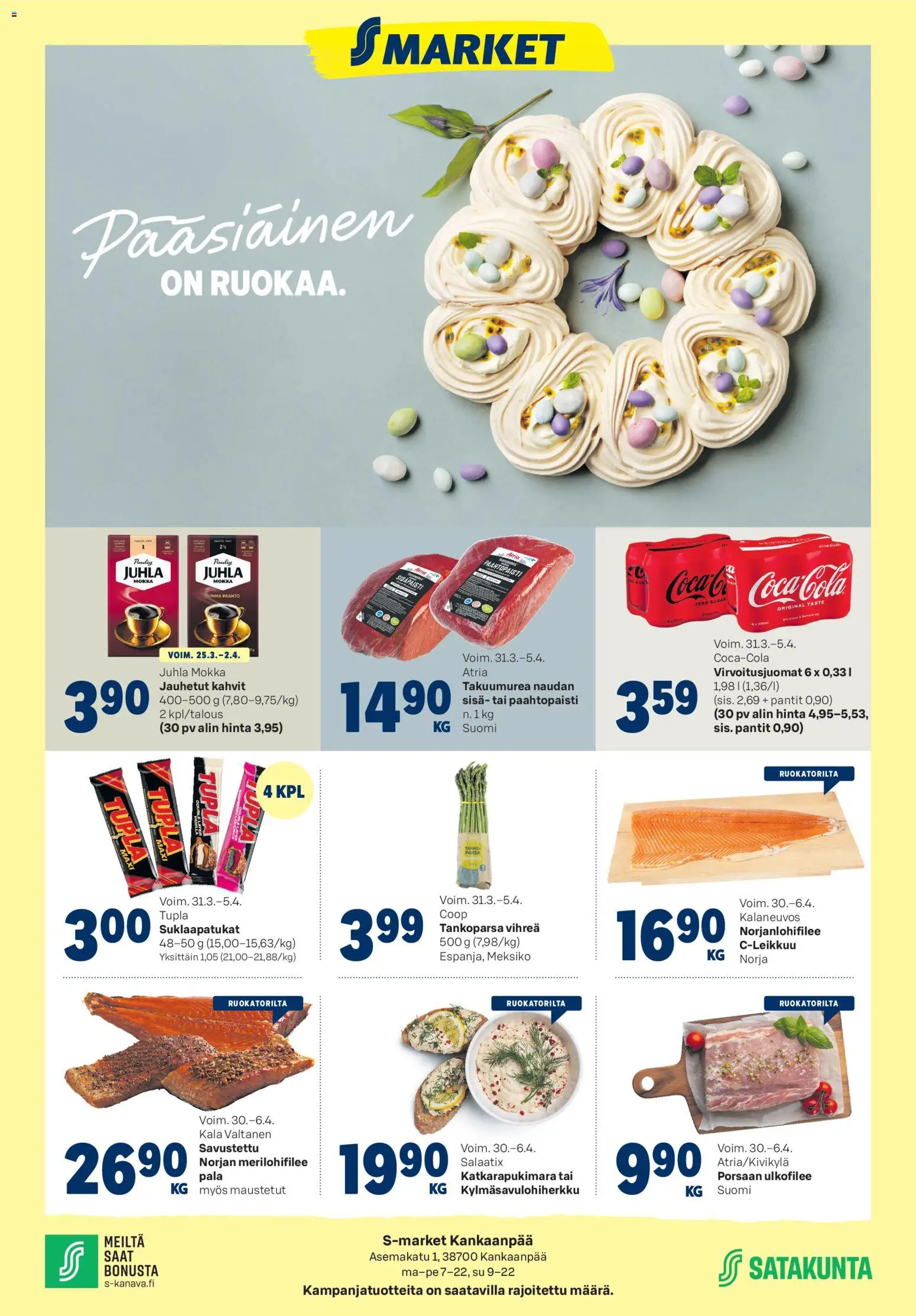S-market tarjoukset – voimassa 31.03.2026 alkaen | Sivu: 1 | Tuotteet: Juhla Mokka, Virvoitusjuomat, Suklaapatukat, Kala