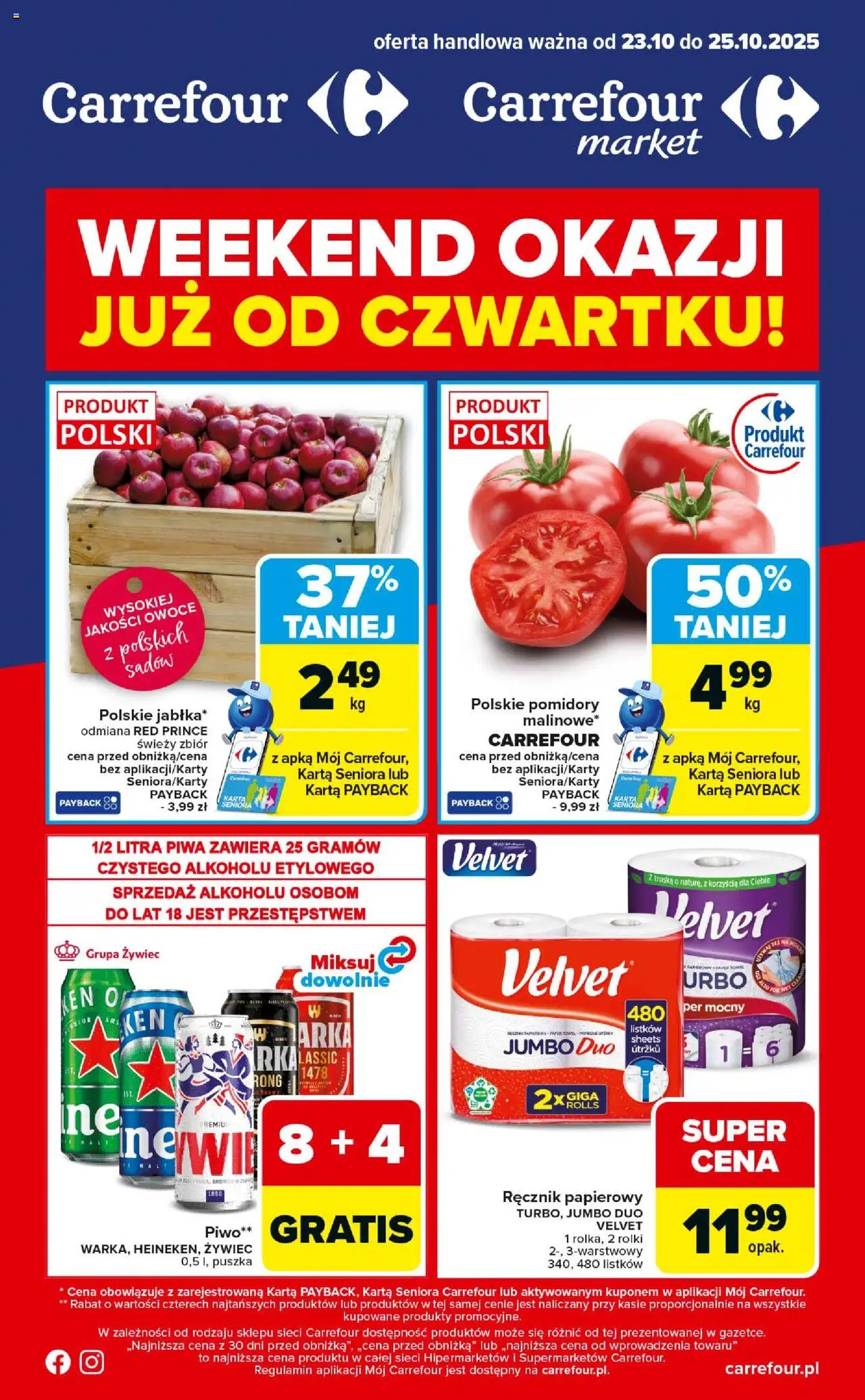 Carrefour Gazetka - Weekend okazji już od czwartku od 23.10.2025 | Strona: 1 | Produkty: Rolki, Piwo, Pomidory, Ręcznik papierowy