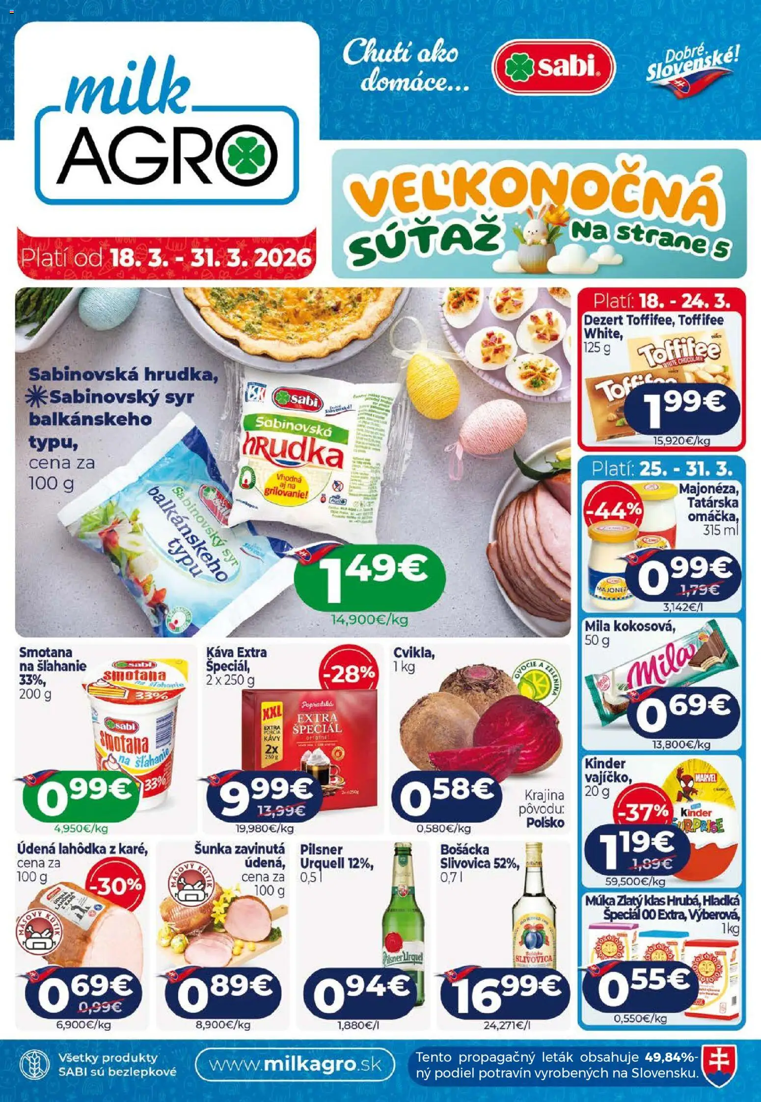 Nové Milk Agro akcie – leták je platný od 18.03.2026 | Strana: 1 | Produkty: Pilsner Urquell, Káva, Slivovica, Múka