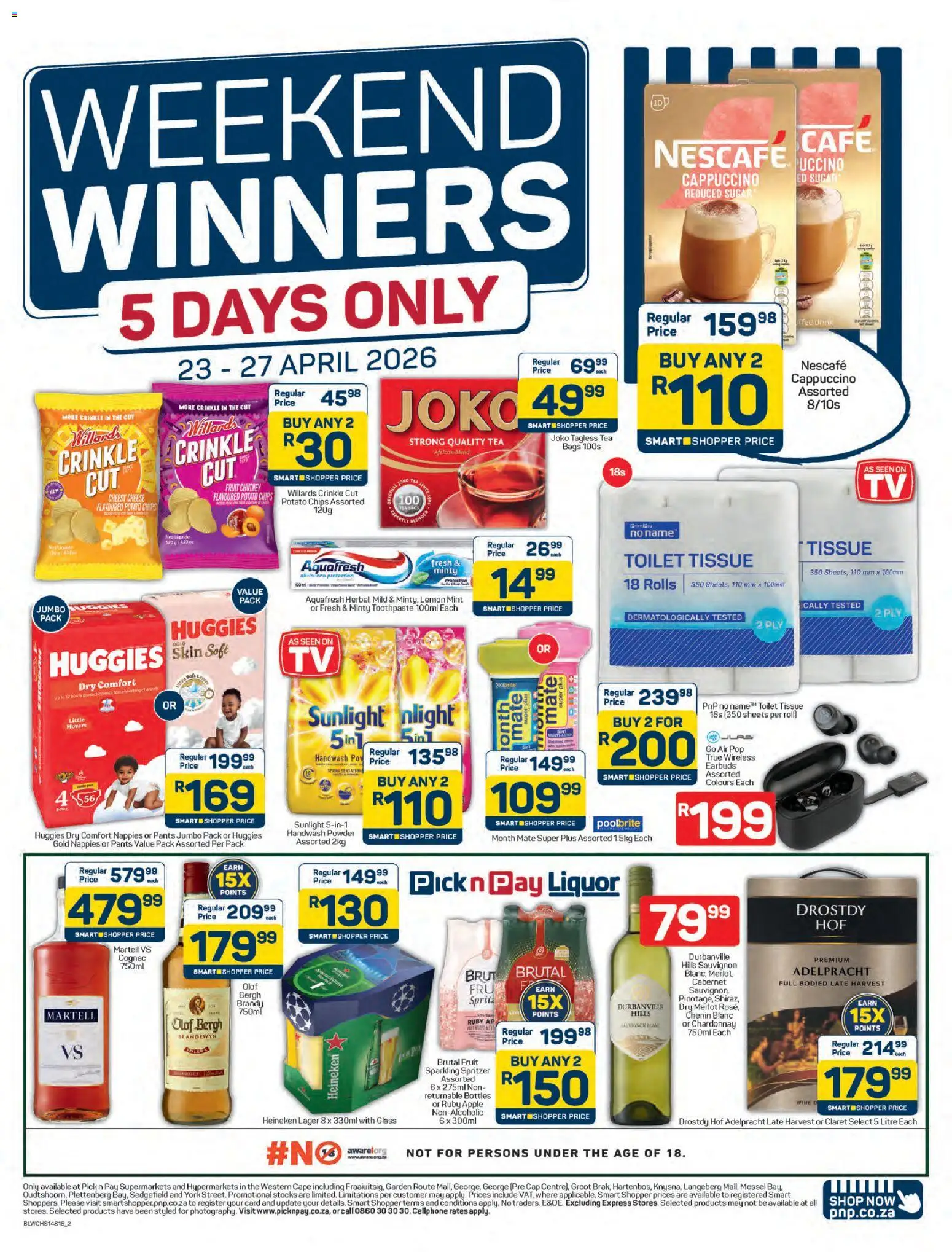 New Pick n Pay catalogue – valid from 23.04.2026 | Page: 2 | Products: Earbuds, Handwash, Cap, Fruit