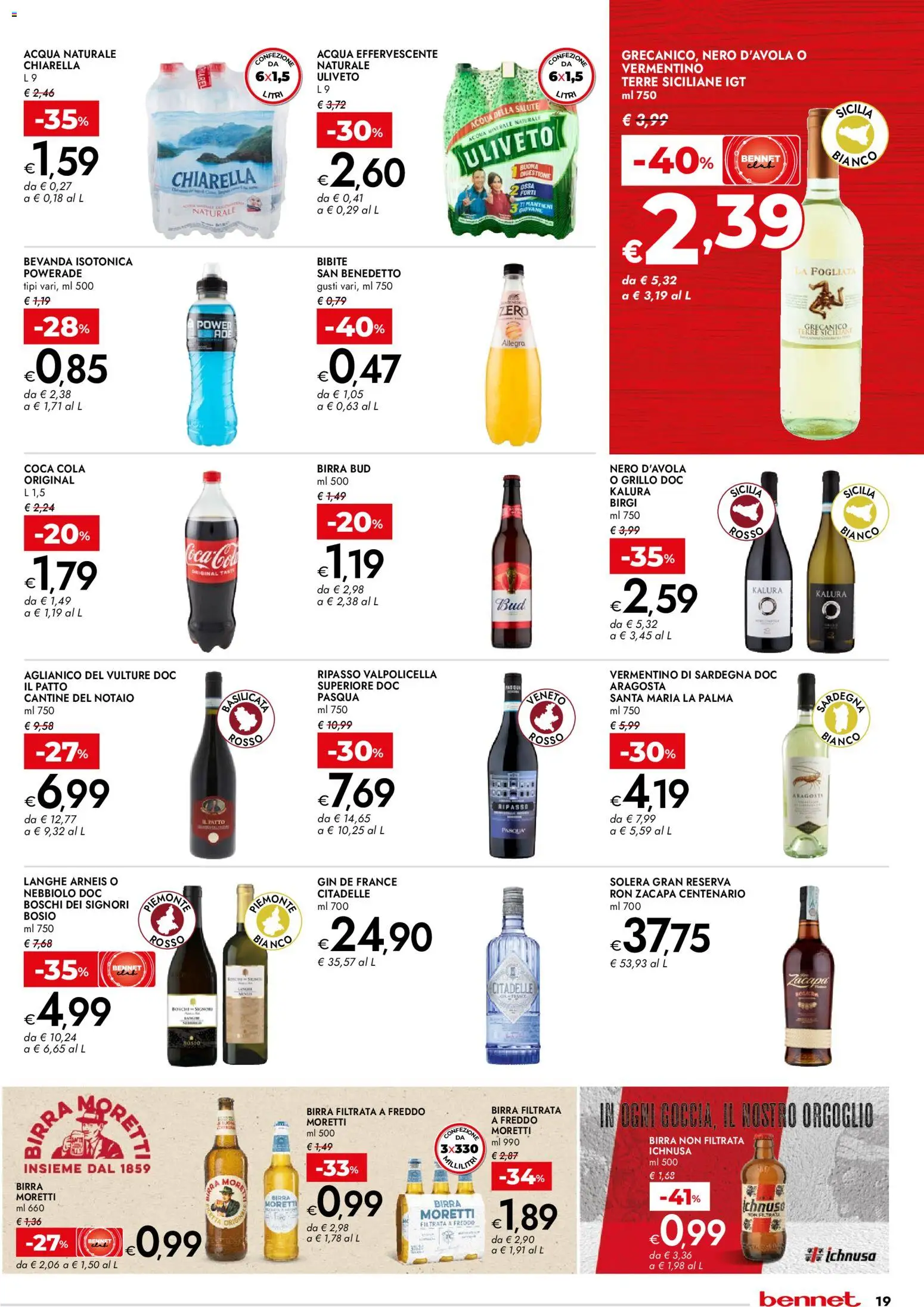 Volantino bennet del 07.04.2026 | Pagina: 19 | Prodotti: Birra, Gin, Acqua, Coca Cola