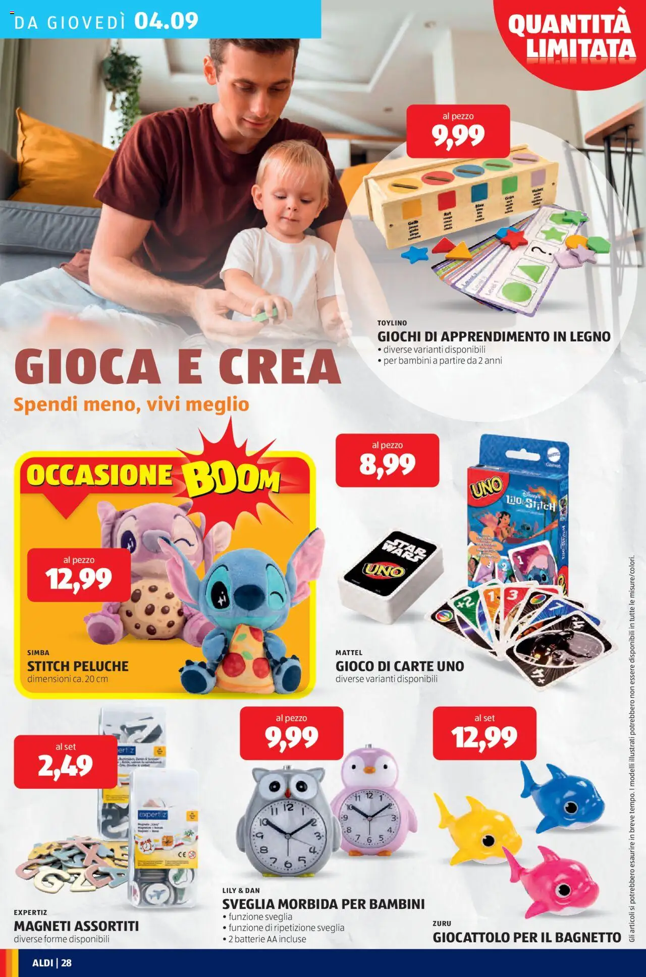 Volantino Aldi del 01.09.2025 | Pagina: 28 | Prodotti: Peluche, Bagnetto, Sveglia, Gioco