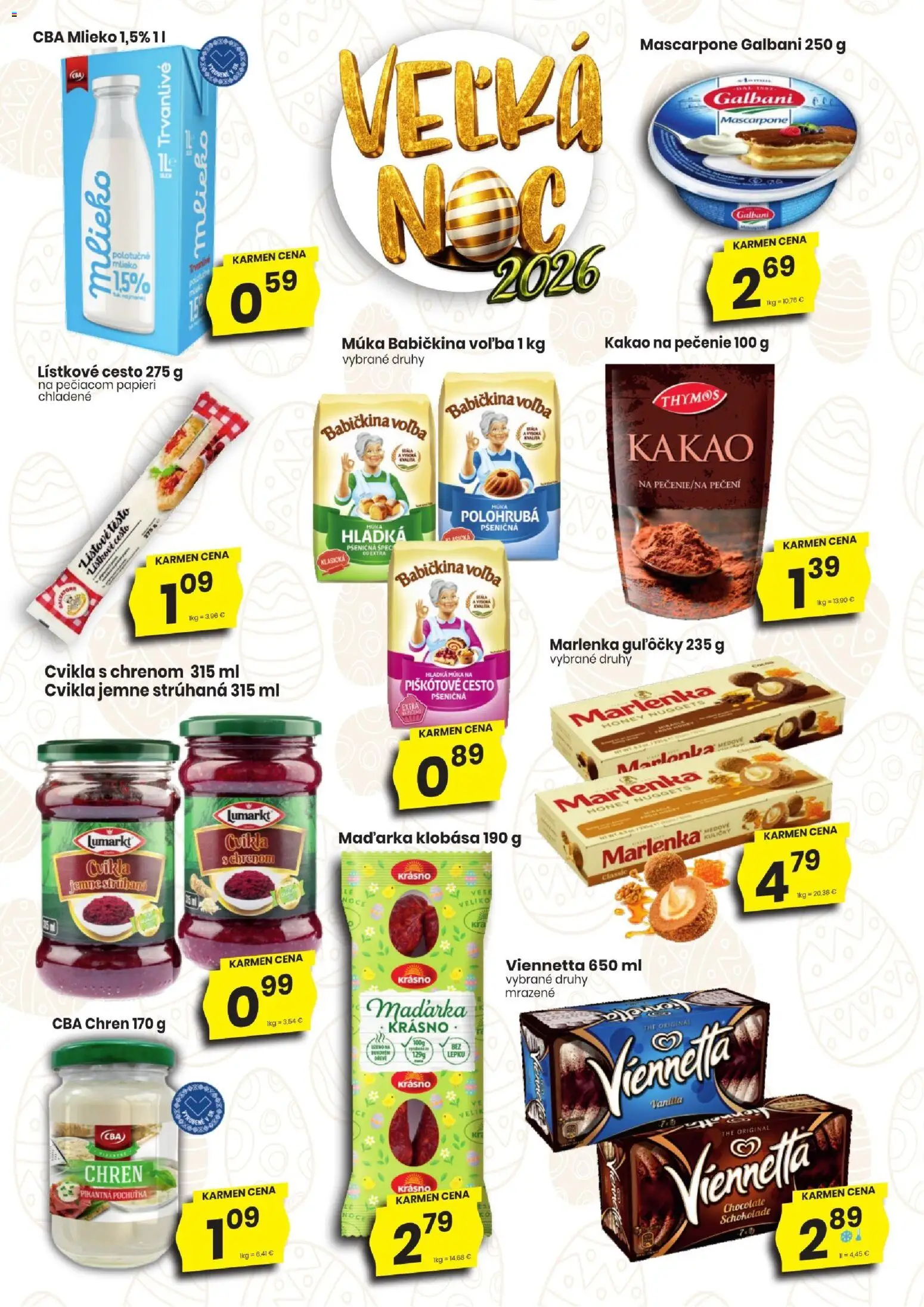 Nové KARMEN CBA akcie – leták je platný od 19.03.2026 | Strana: 3 | Produkty: Klobása, Cvikla, Múka, Mascarpone